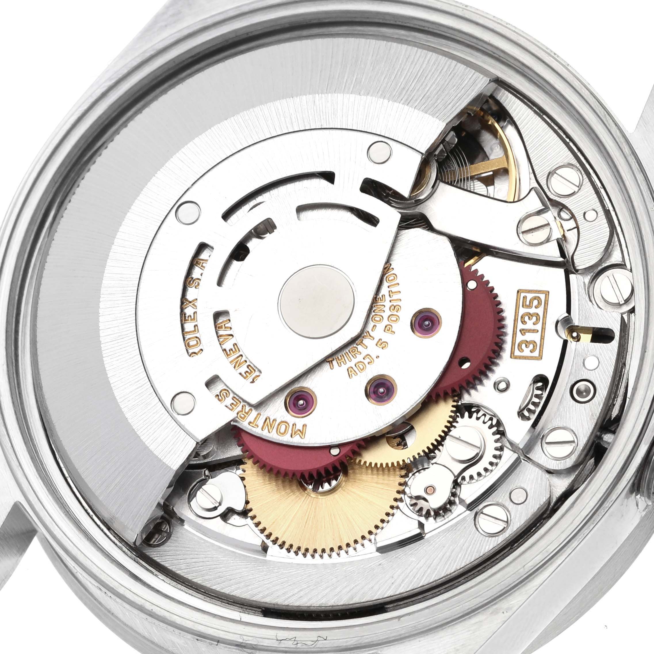 This image shows the back view of the movement and internal mechanism of a Rolex Date 15210 Men
s Stainless Steel Silver Dial 15210 Men
s Stainless Steel Silver Dial model watch.