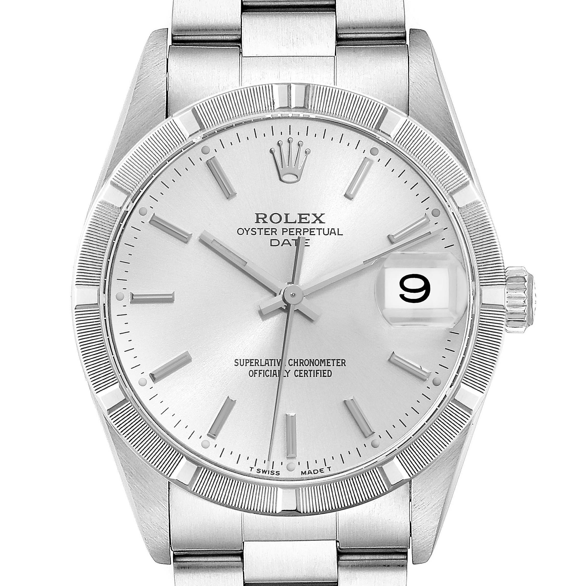 The image shows a frontal view of a Rolex Date 15210 Men
s Stainless Steel Silver Dial 15210 Men
s Stainless Steel Silver Dial model watch, highlighting the face, bezel, crown, and bracelet.
