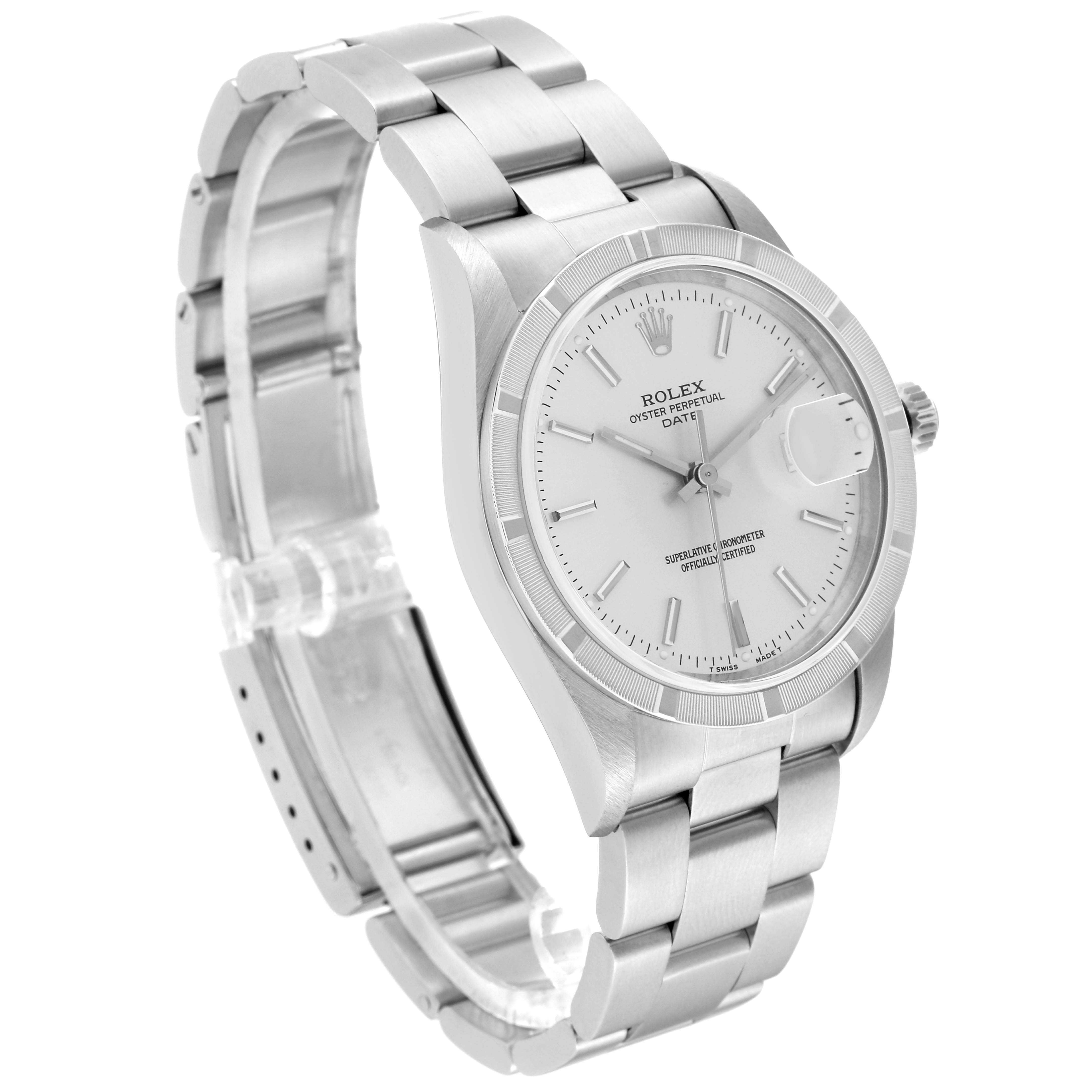The image shows a Rolex Date 15210 Men
s Stainless Steel Silver Dial 15210 Men
s Stainless Steel Silver Dial model watch at a slight angle, highlighting the face, bracelet, and crown.