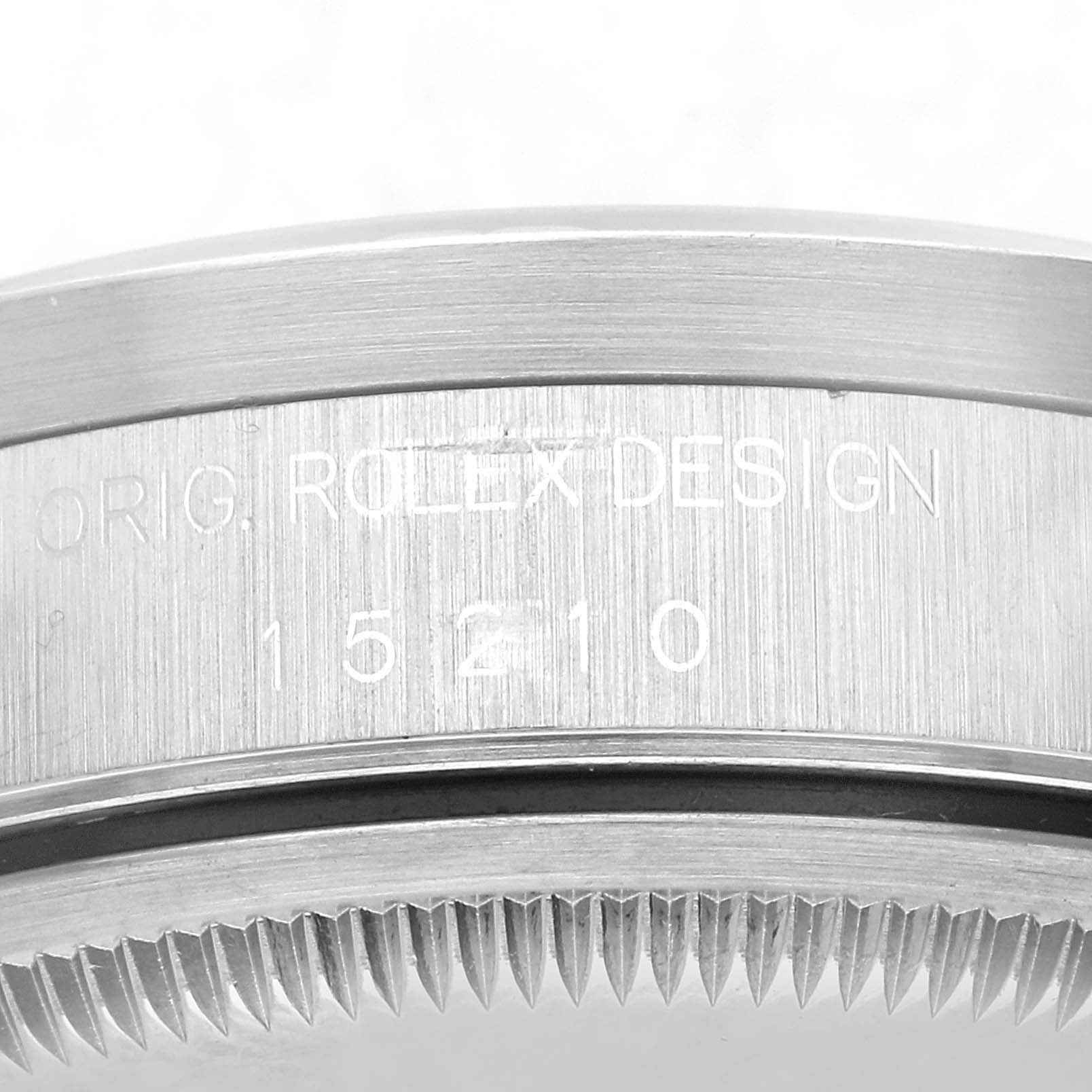 This image shows a close-up of the side engraving and back bezel of the Rolex Date 15210 Men
s Stainless Steel Silver Dial 15210 Men
s Stainless Steel Silver Dial model watch.
