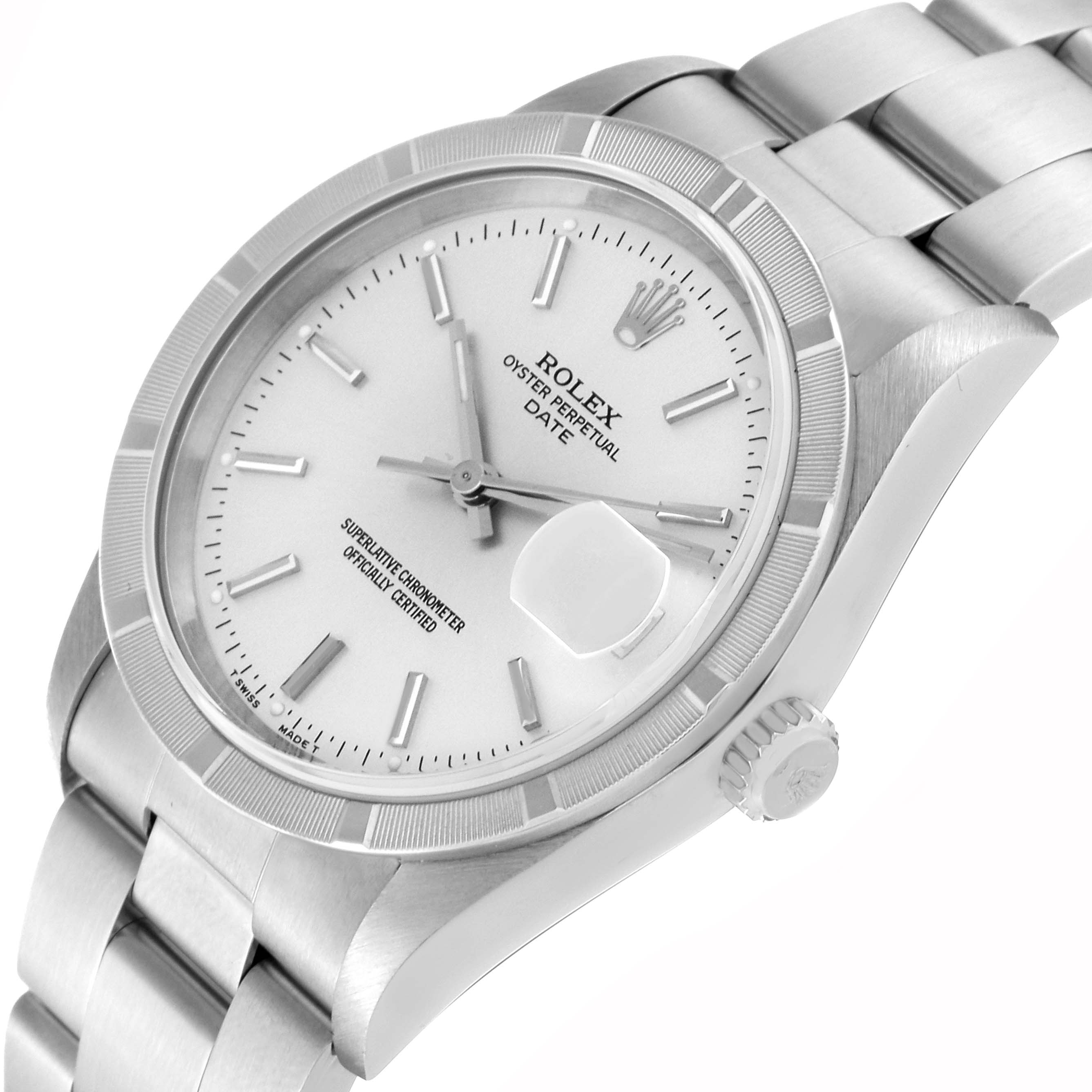 The image shows a Rolex Date 15210 Men
s Stainless Steel Silver Dial 15210 Men
s Stainless Steel Silver Dial model watch from a three-quarter angle, highlighting the dial, bezel, crown, and bracelet.