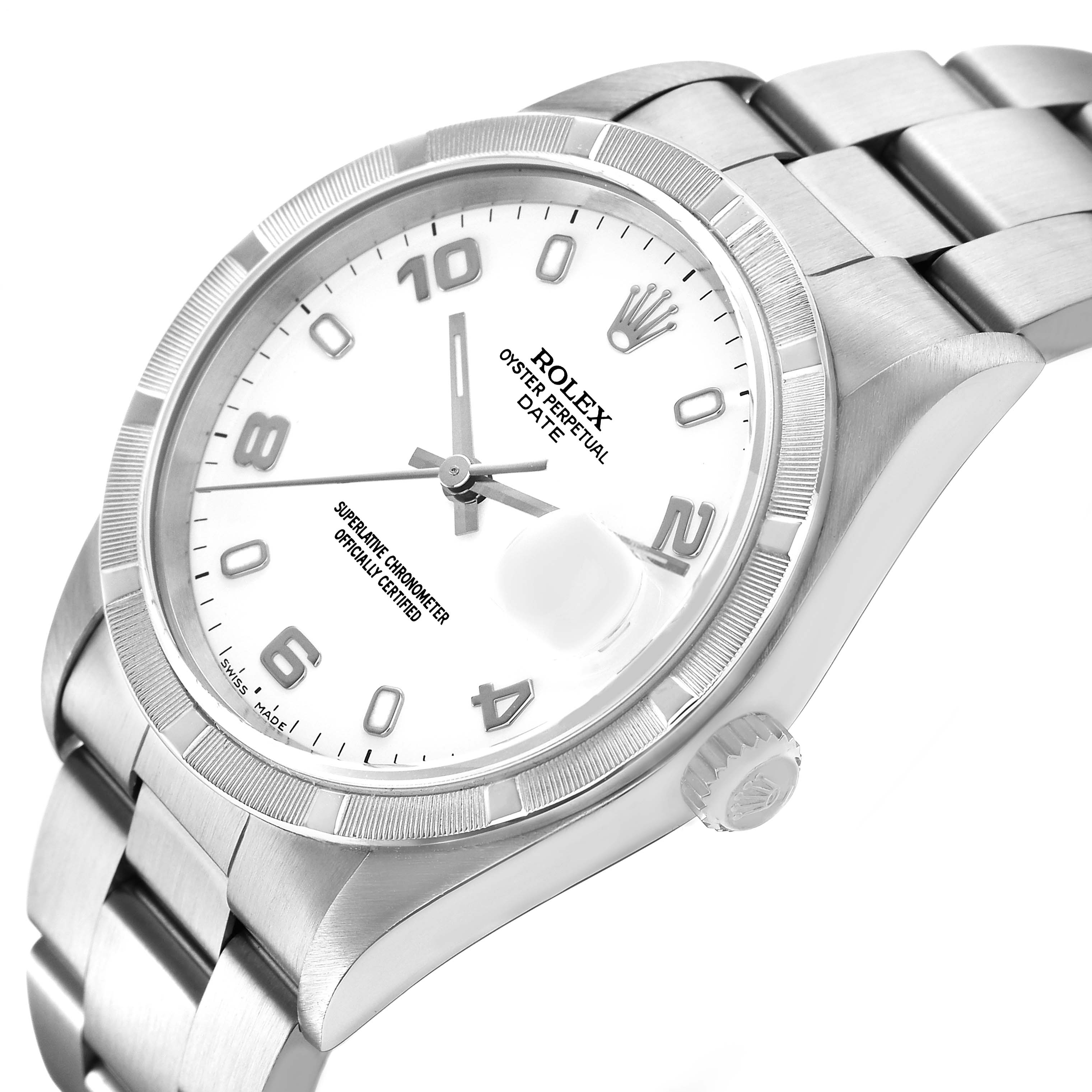 The Rolex Date 15210 Men's Stainless Steel White Dial model is shown at an angled view, displaying the dial, bezel, crown, and part of the bracelet.