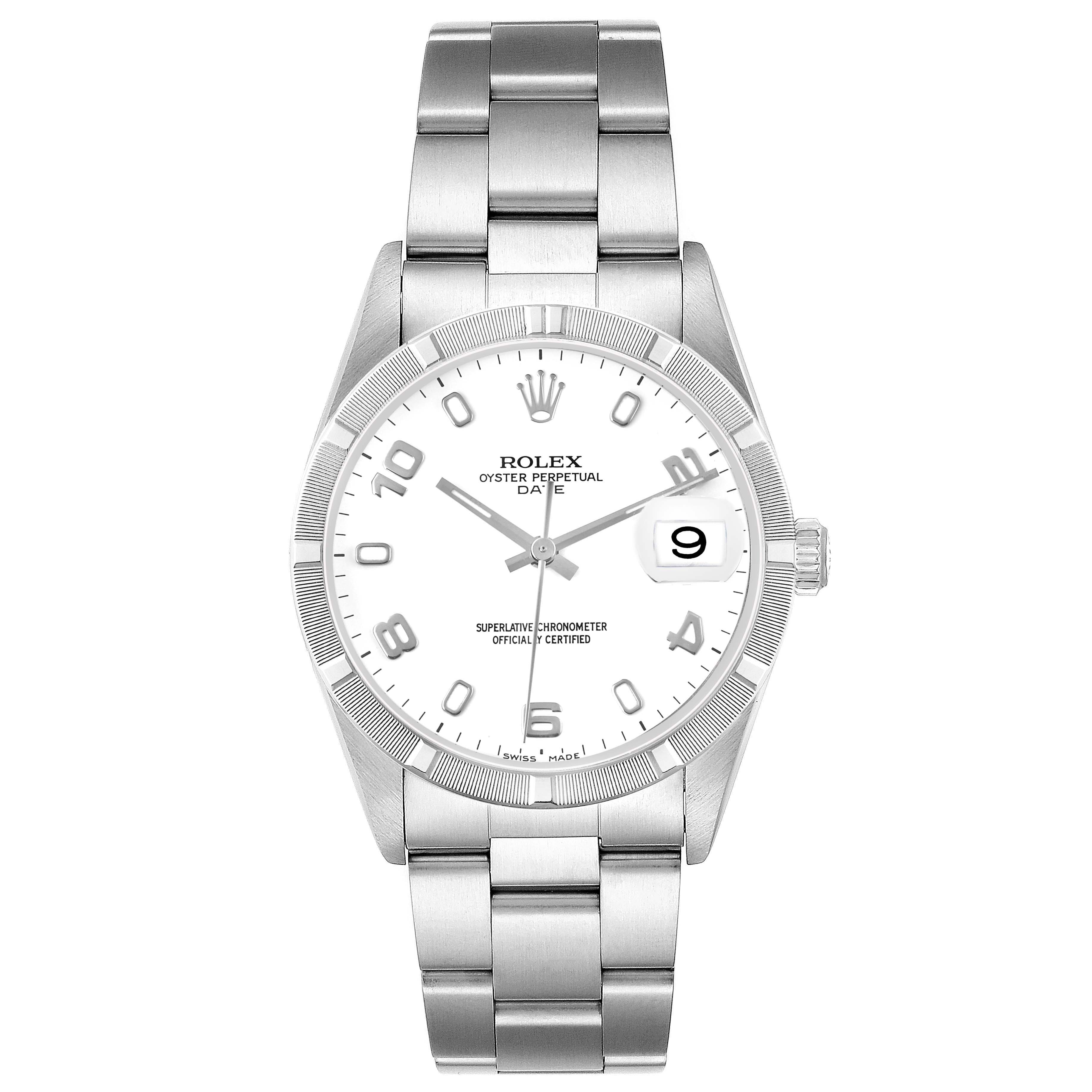 The Rolex Date 15210 Men's Stainless Steel White Dial watch is shown from a front angle, displaying the dial, bezel, bracelet, and date window.