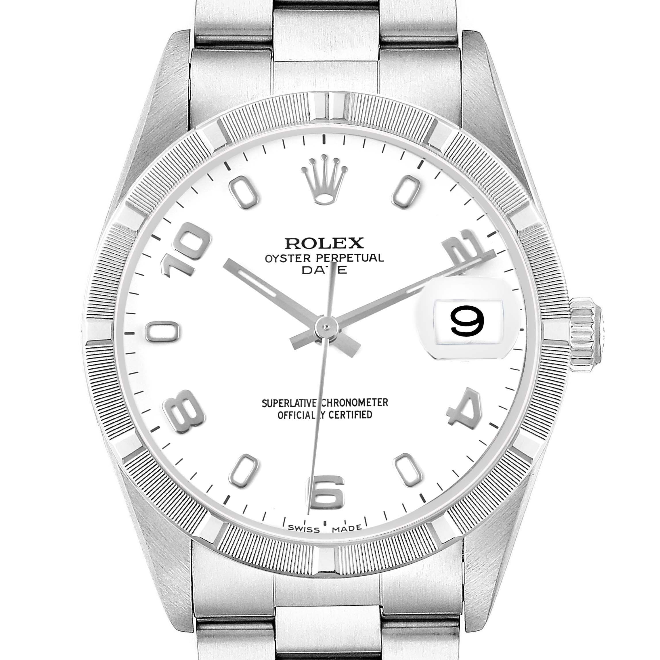 The Rolex Date 15210 Men's Stainless Steel White Dial is shown from a front angle, displaying its dial, bezel, crown, and part of its bracelet.