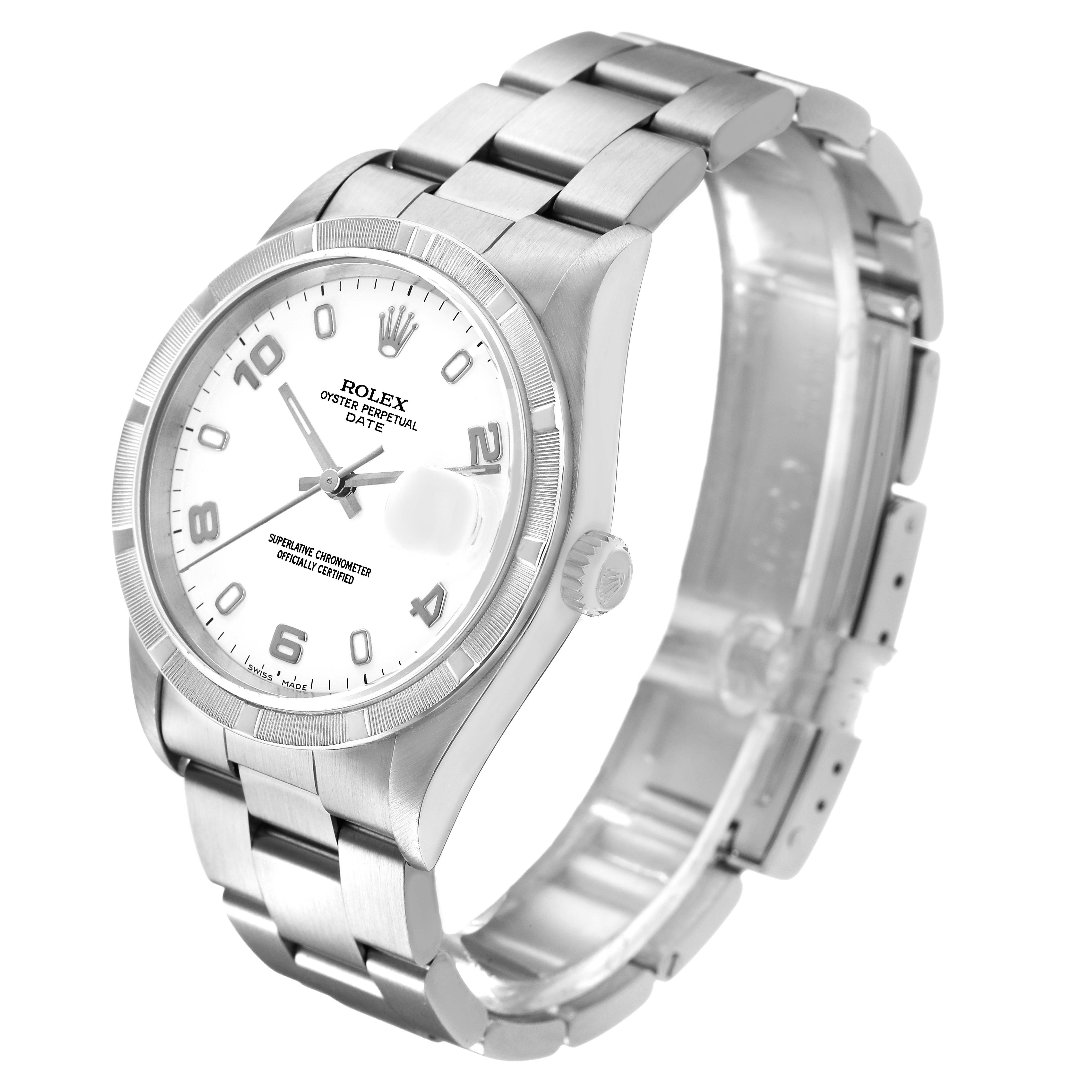 The Rolex Date 15210 Men's Stainless Steel White Dial watch is shown at a three-quarter angle, highlighting the face, case, bezel, and bracelet.