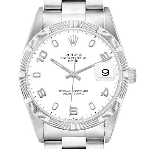 The Rolex Date 15210 Men's Stainless Steel White Dial watch is shown from a front angle, displaying the face, bezel, and part of the bracelet.