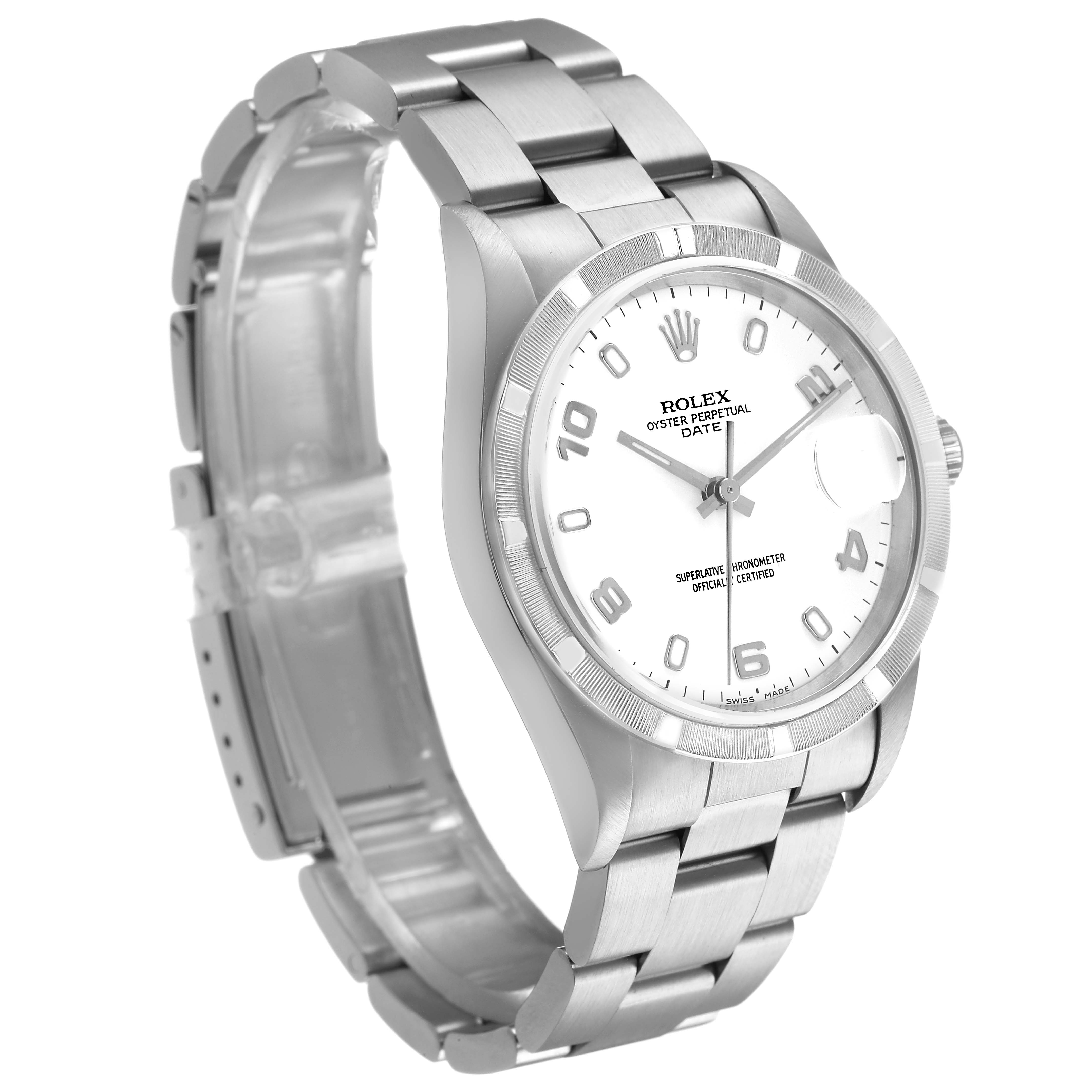 The Rolex Date 15210 Men's Stainless Steel White Dial watch is shown at a three-quarter angle, highlighting the dial, bezel, bracelet, and side profile.