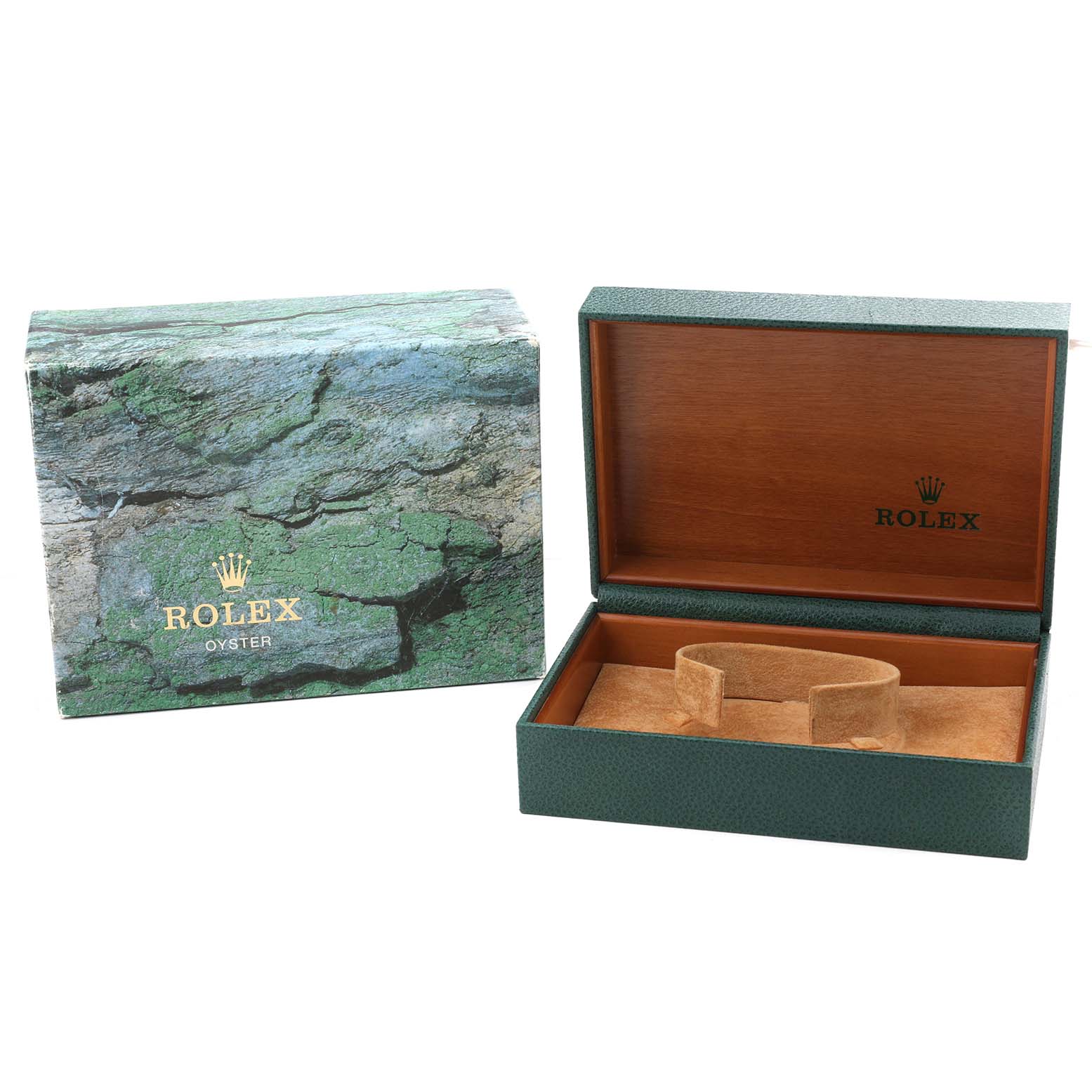 The image shows a Rolex Date 15210 Men's Stainless Steel White Dial model watch box and packaging at a frontal angle.