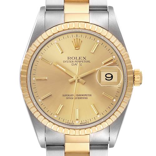 The image shows a Rolex Date 15223 Men's Steel and Gold (two tone) Champagne Dial watch from the front, highlighting the gold dial, fluted bezel, and two-tone bracelet.