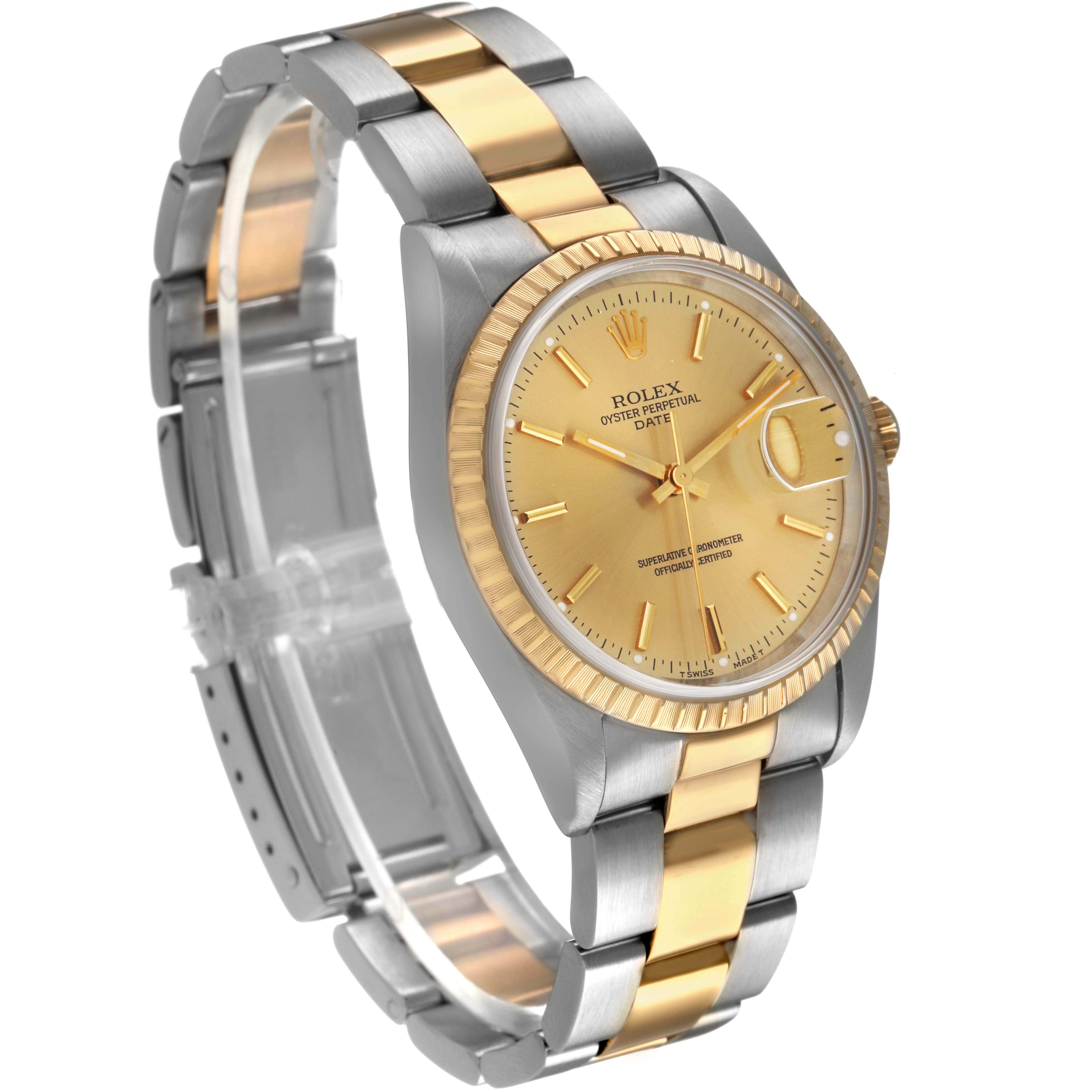 The Rolex Date 15223 Men's Steel and Gold (two tone) Champagne Dial model watch is shown at a three-quarter angle, highlighting the gold dial, bezel, and two-tone bracelet.