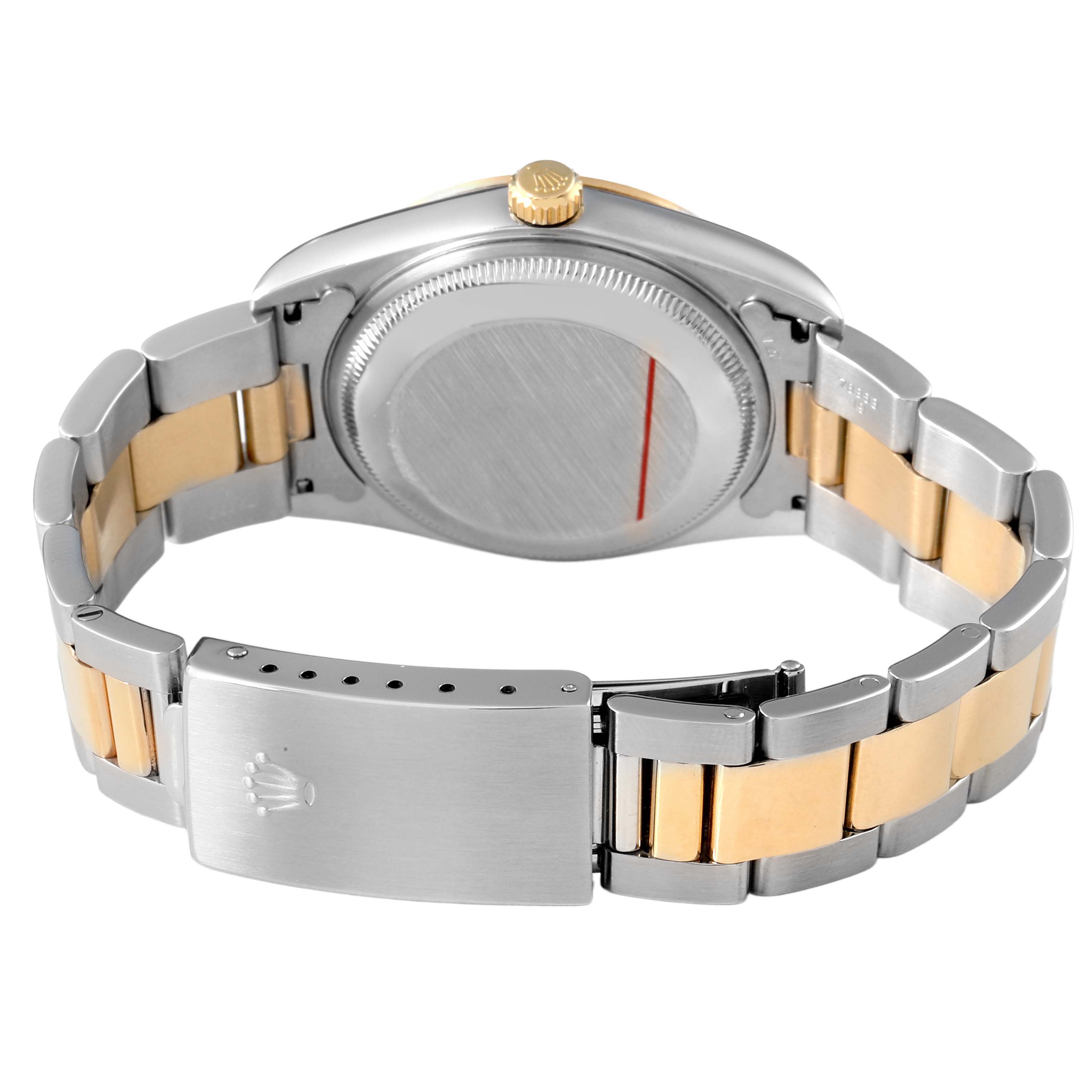 The image shows the back and bracelet of the Rolex Date 15223 Men's Steel and Gold (two tone) Champagne Dial model, with focus on the clasp and two-tone metal band.