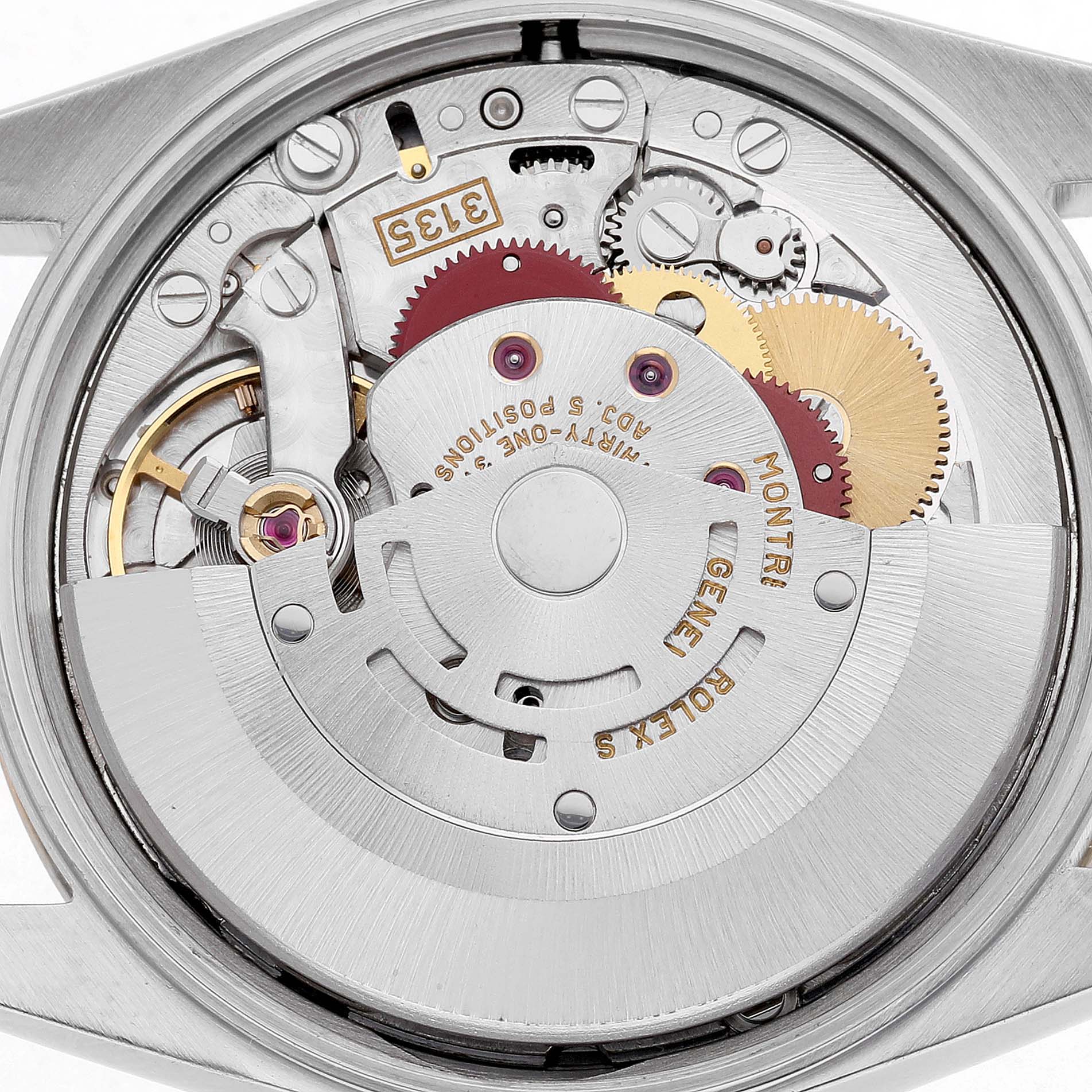 This image shows the back view of a Rolex Date 15223 Men's Steel and Gold (two tone) Champagne Dial model, highlighting the intricate details of its movement and gears.