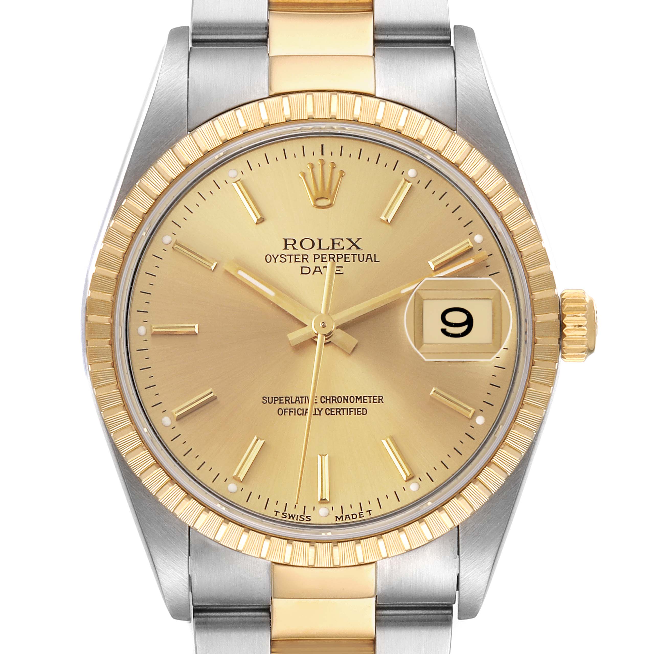 The Rolex Date 15223 Men's Steel and Gold (two tone) Champagne Dial model is shown from the front, highlighting the dial, hands, bezel, crown, and part of the bracelet.