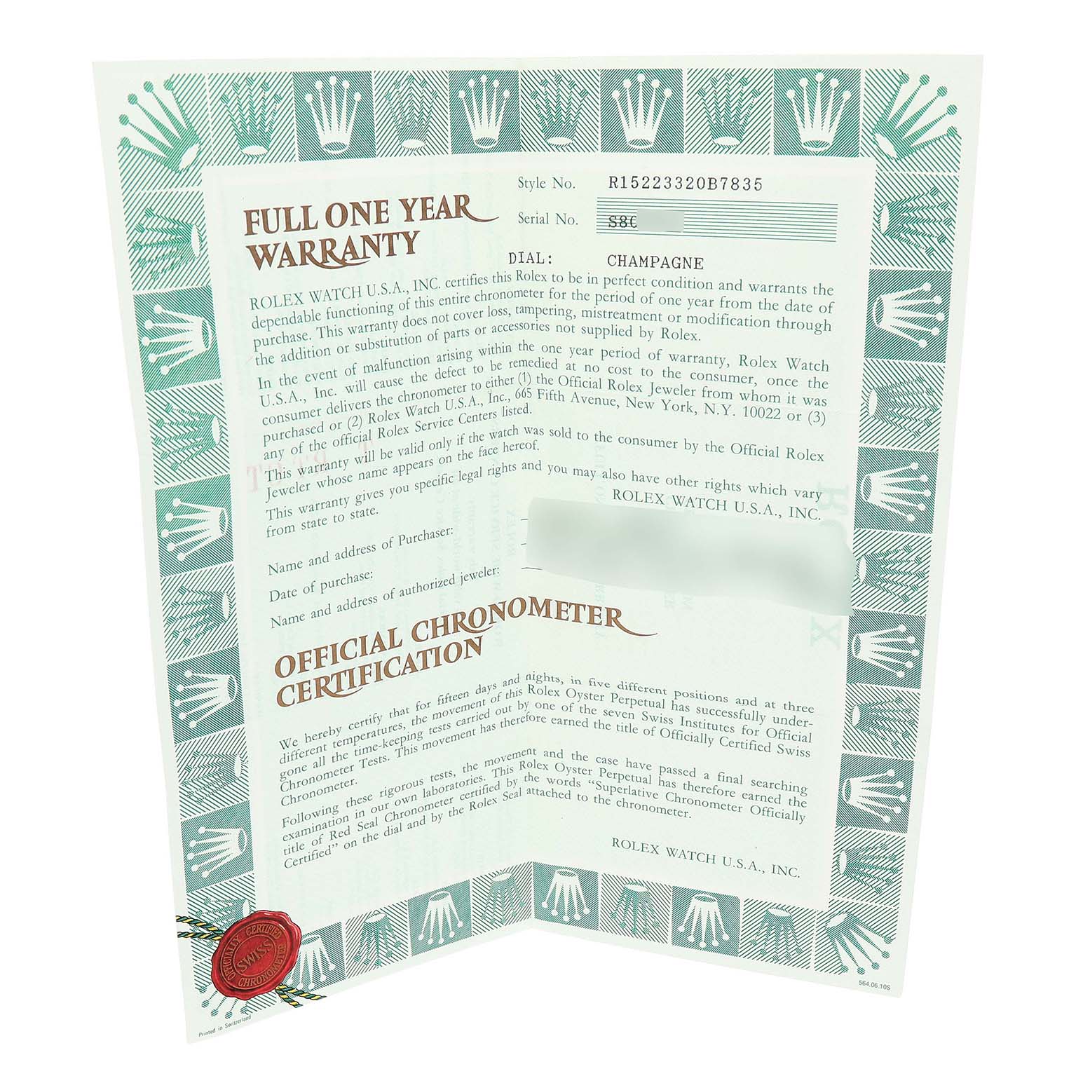 This image shows the warranty and chronometer certification document for a Rolex Date 15223 Men's Steel and Gold (two tone) Champagne Dial model watch.