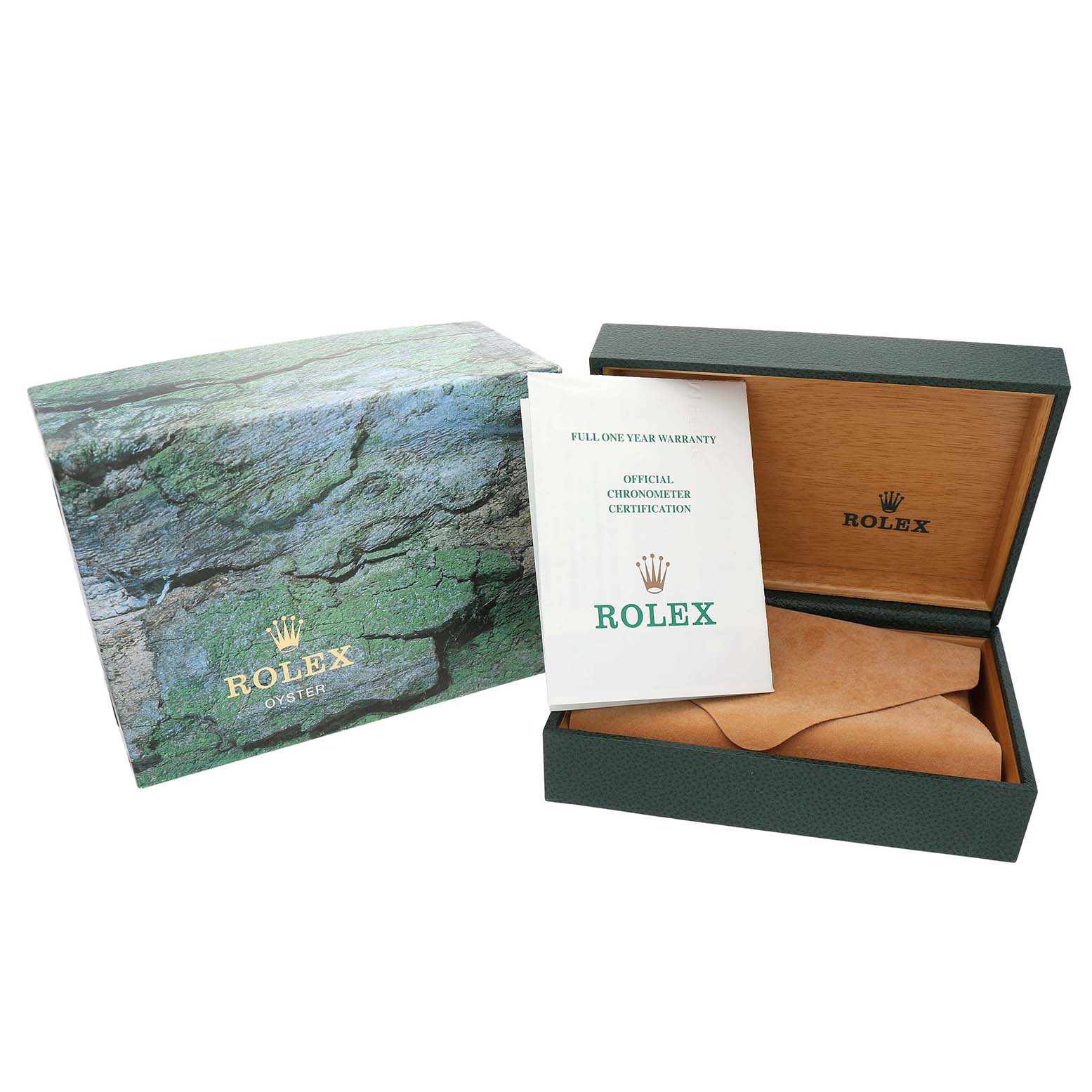 The image shows a Rolex Date 15223 Men's Steel and Gold (two tone) Champagne Dial model watch box, warranty card, and certificate at an angle displaying the open box and packaging.