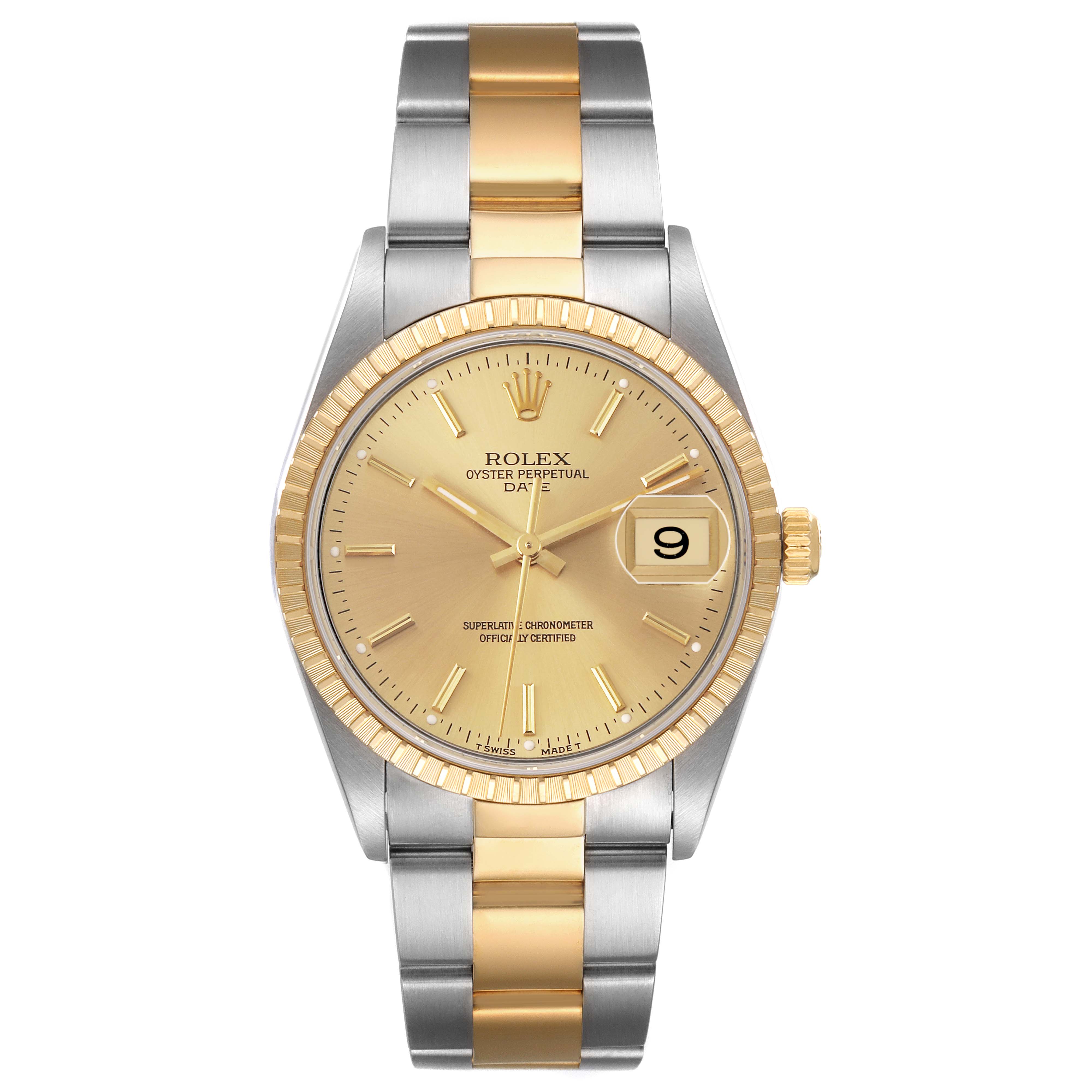 The Rolex Date 15223 Men's Steel and Gold (two tone) Champagne Dial model watch is shown from the front, highlighting the gold dial, bezel, and two-tone bracelet.