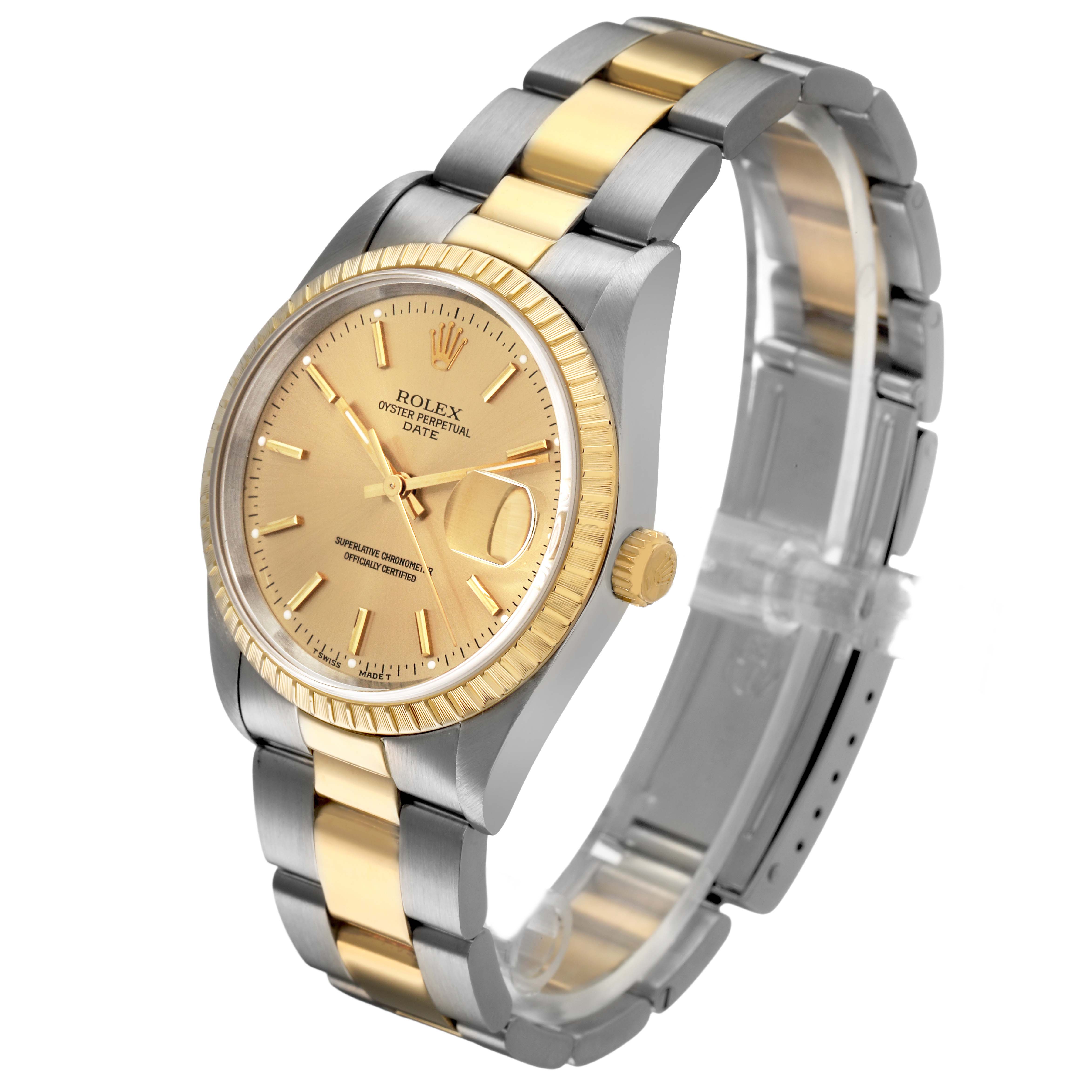 The Rolex Date 15223 Men's Steel and Gold (two tone) Champagne Dial watch is shown at a three-quarter angle, highlighting the face, bezel, crown, and two-tone bracelet.
