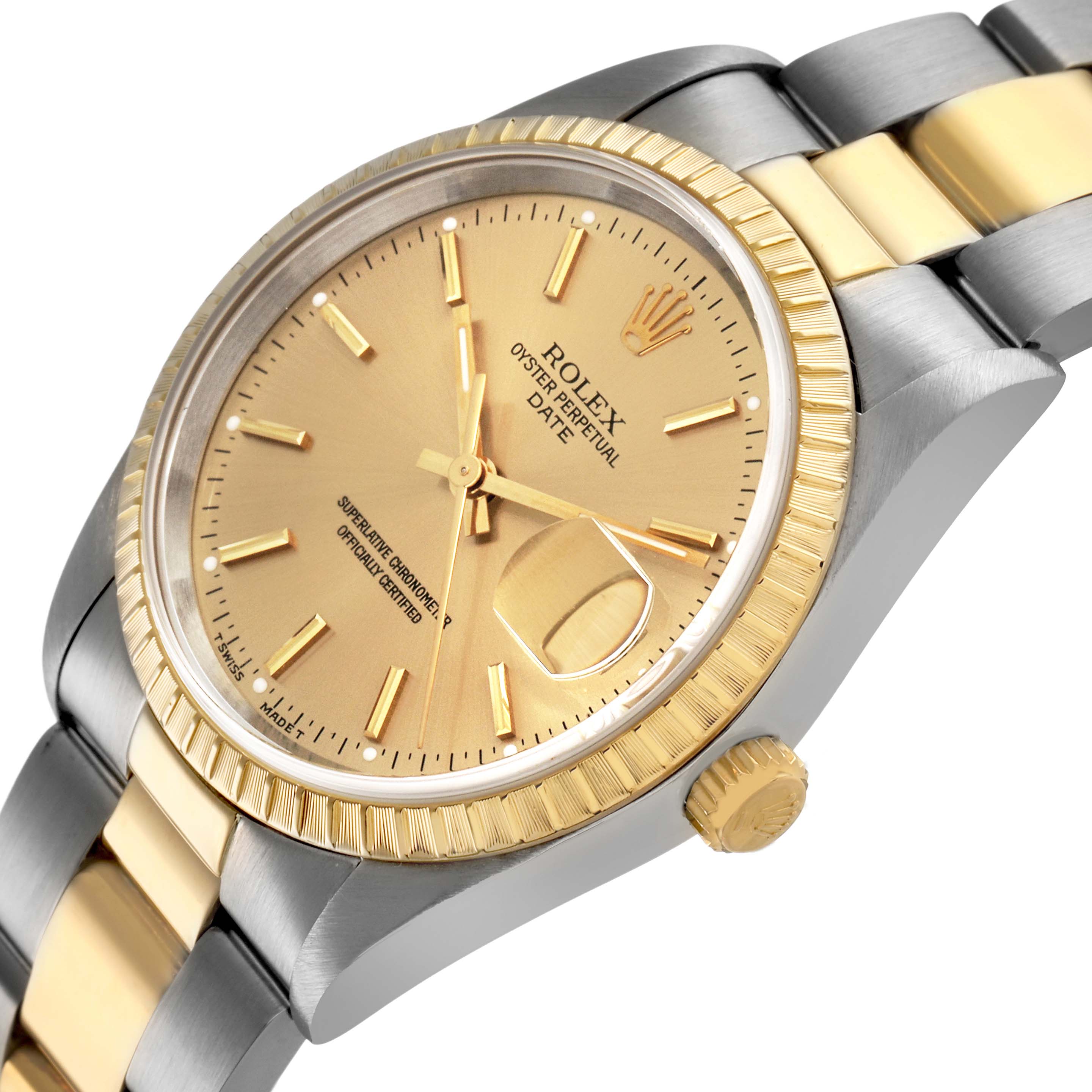 The Rolex Date 15223 Men's Steel and Gold (two tone) Champagne Dial watch is shown at a slight angled view, highlighting the gold dial, fluted bezel, and two-tone bracelet.