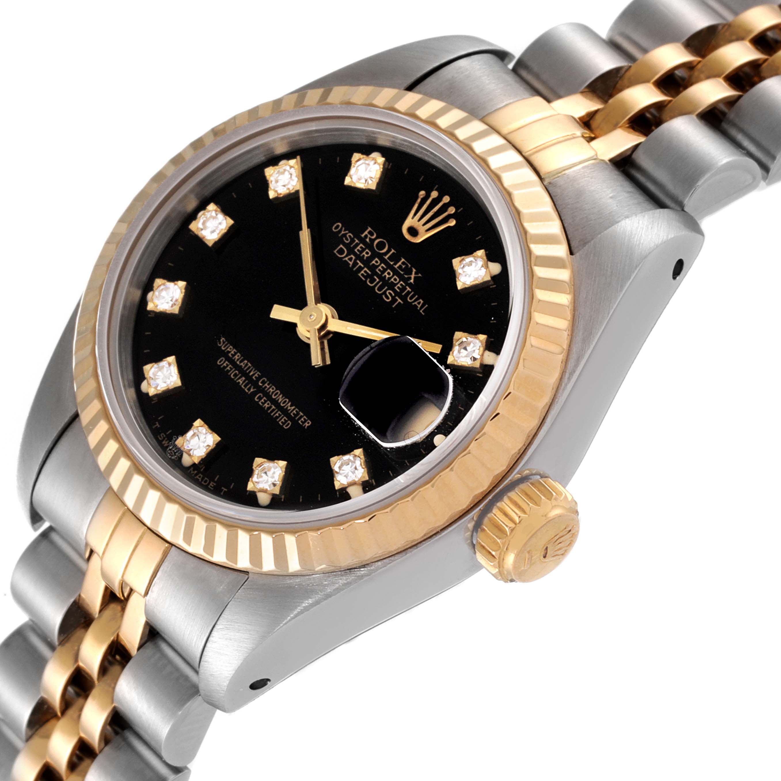 The image shows a close-up angled view of the dial, crown, and bracelet of a Rolex Datejust 69173 Women's Steel and Gold (two tone) Black Dial 69173 Women's Steel and Gold (two tone) Black Dial watch.