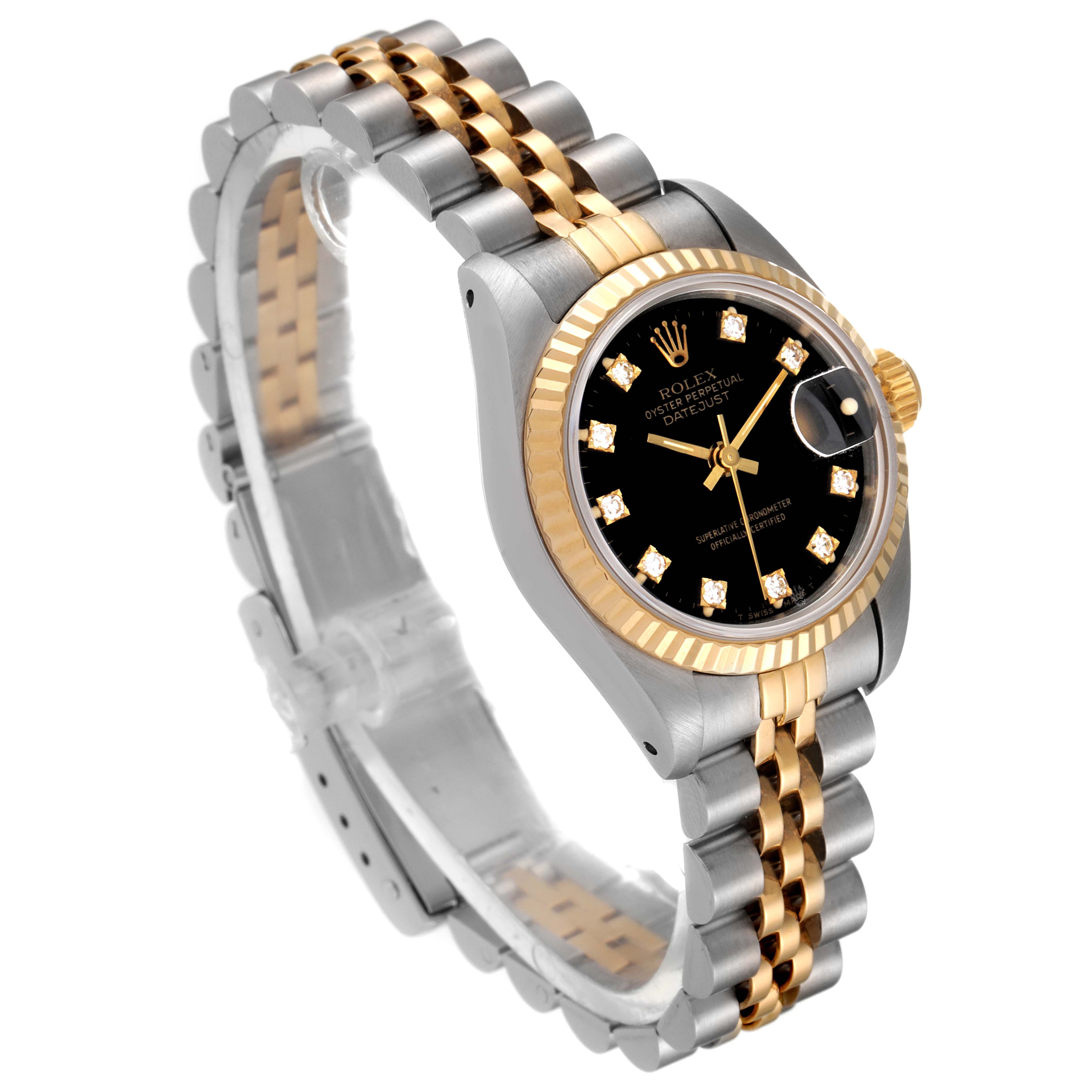 The Rolex Datejust 69173 Women's Steel and Gold (two tone) Black Dial 69173 Women's Steel and Gold (two tone) Black Dial watch is shown at a three-quarter angle, displaying its dial, bezel, crown, and bracelet.