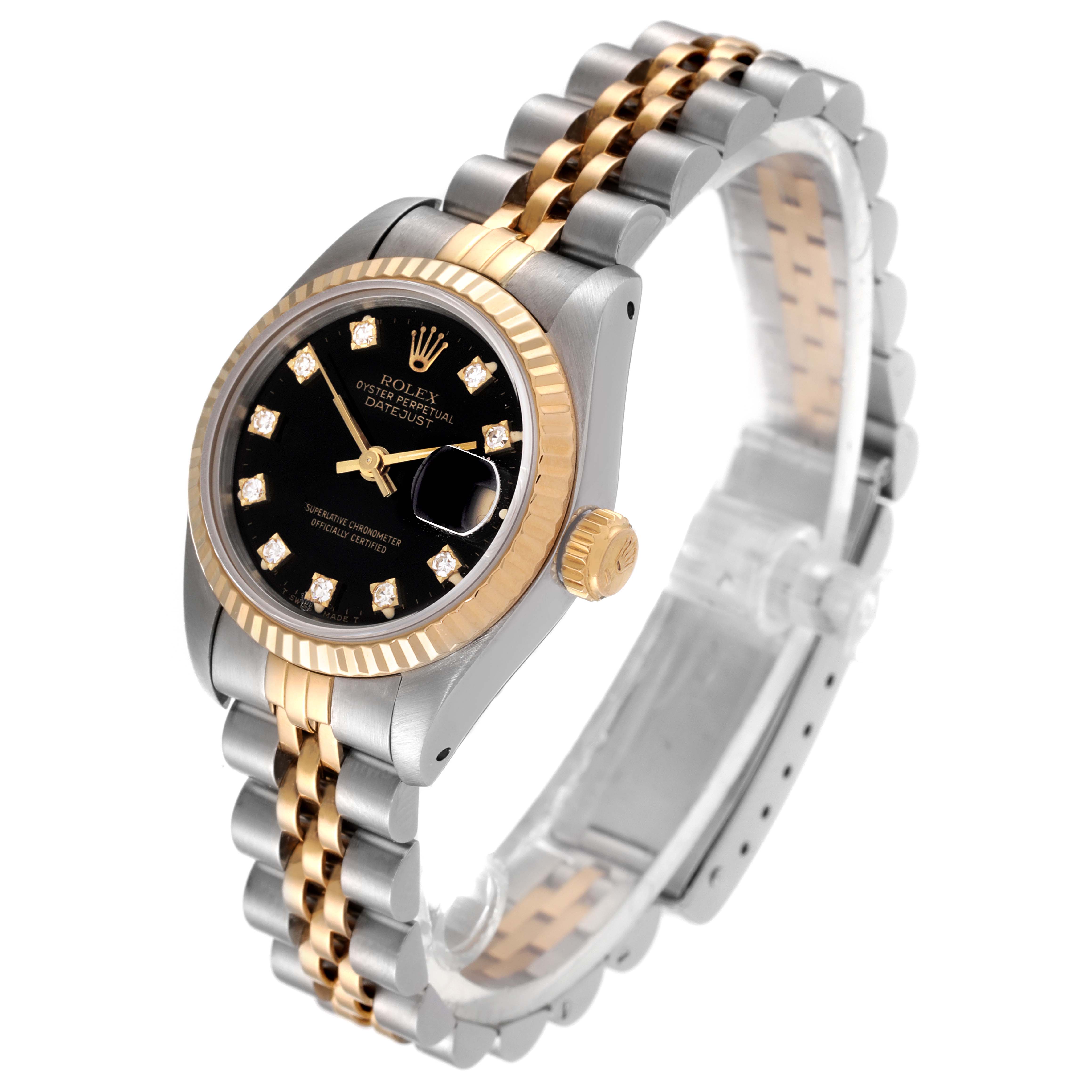 The Rolex Datejust 69173 Women's Steel and Gold (two tone) Black Dial 69173 Women's Steel and Gold (two tone) Black Dial watch is shown at a three-quarter angle, highlighting the black dial, gold bezel, and two-tone bracelet.