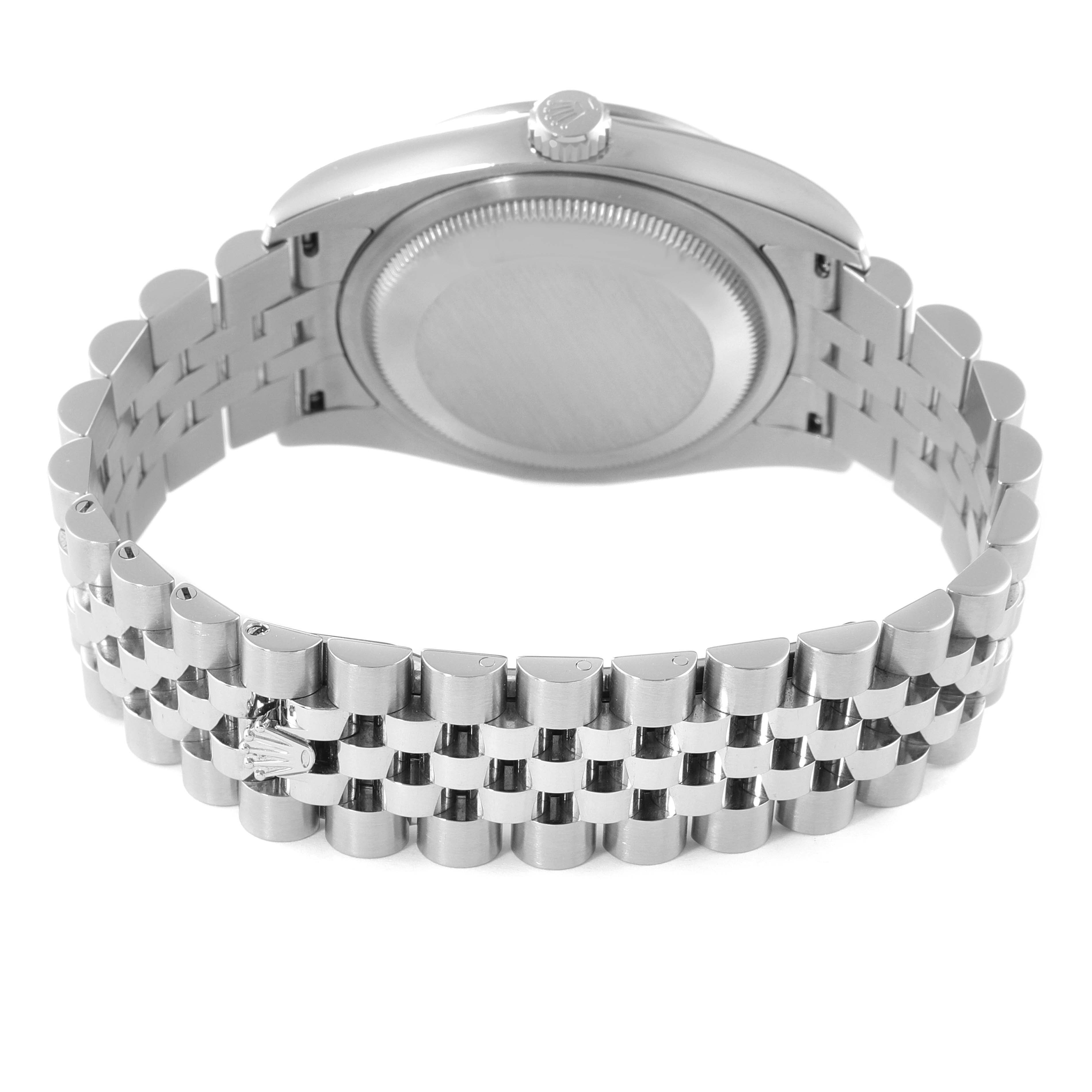 This image shows the back case and jubilee bracelet of a Datejust model by Rolex from a rear angle.