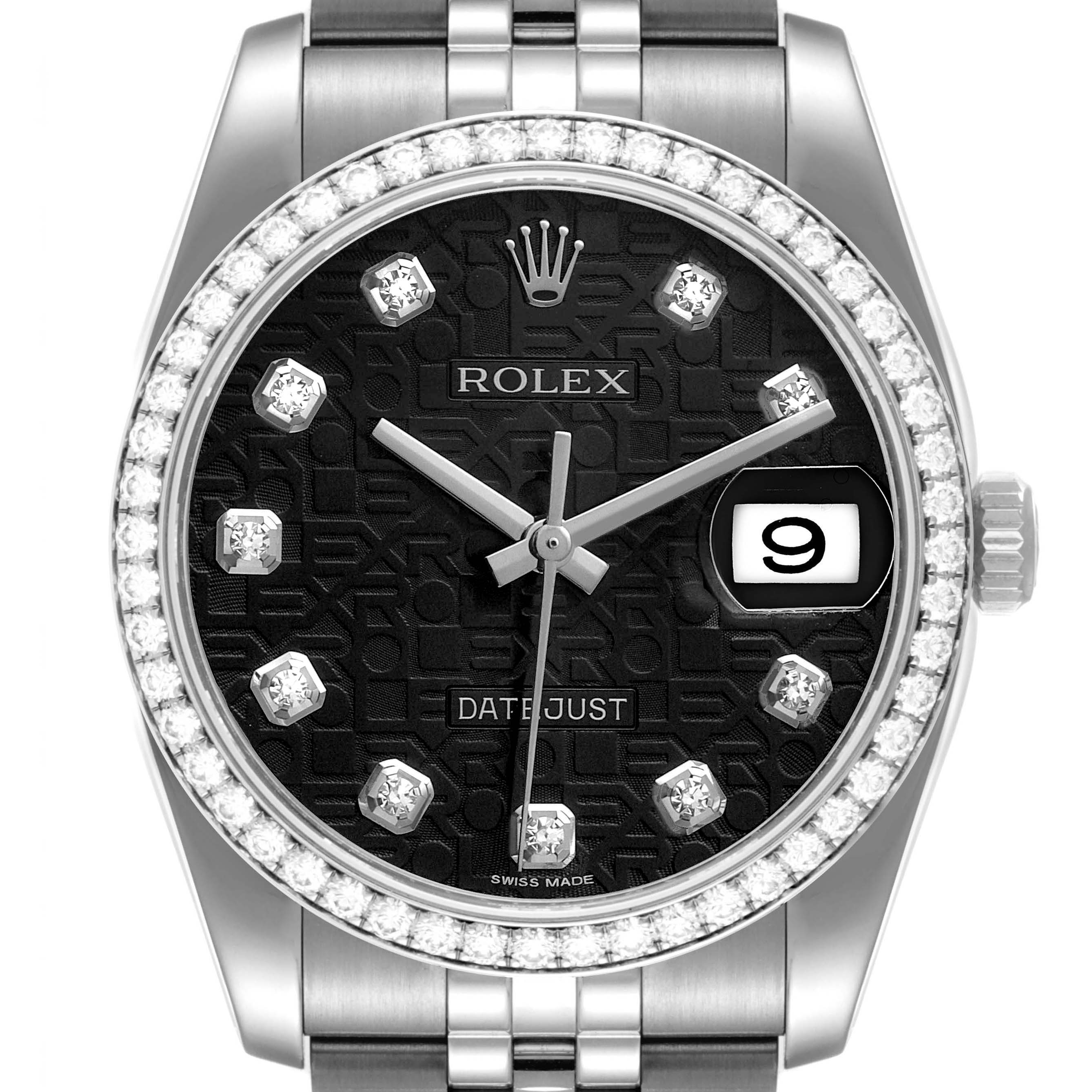This image shows a frontal view of the Rolex Datejust 116244 Men
s Stainless Steel Black Dial 116244 Men
s Stainless Steel Black Dial watch face, crown, gemstone-studded dial, and part of the bracelet.