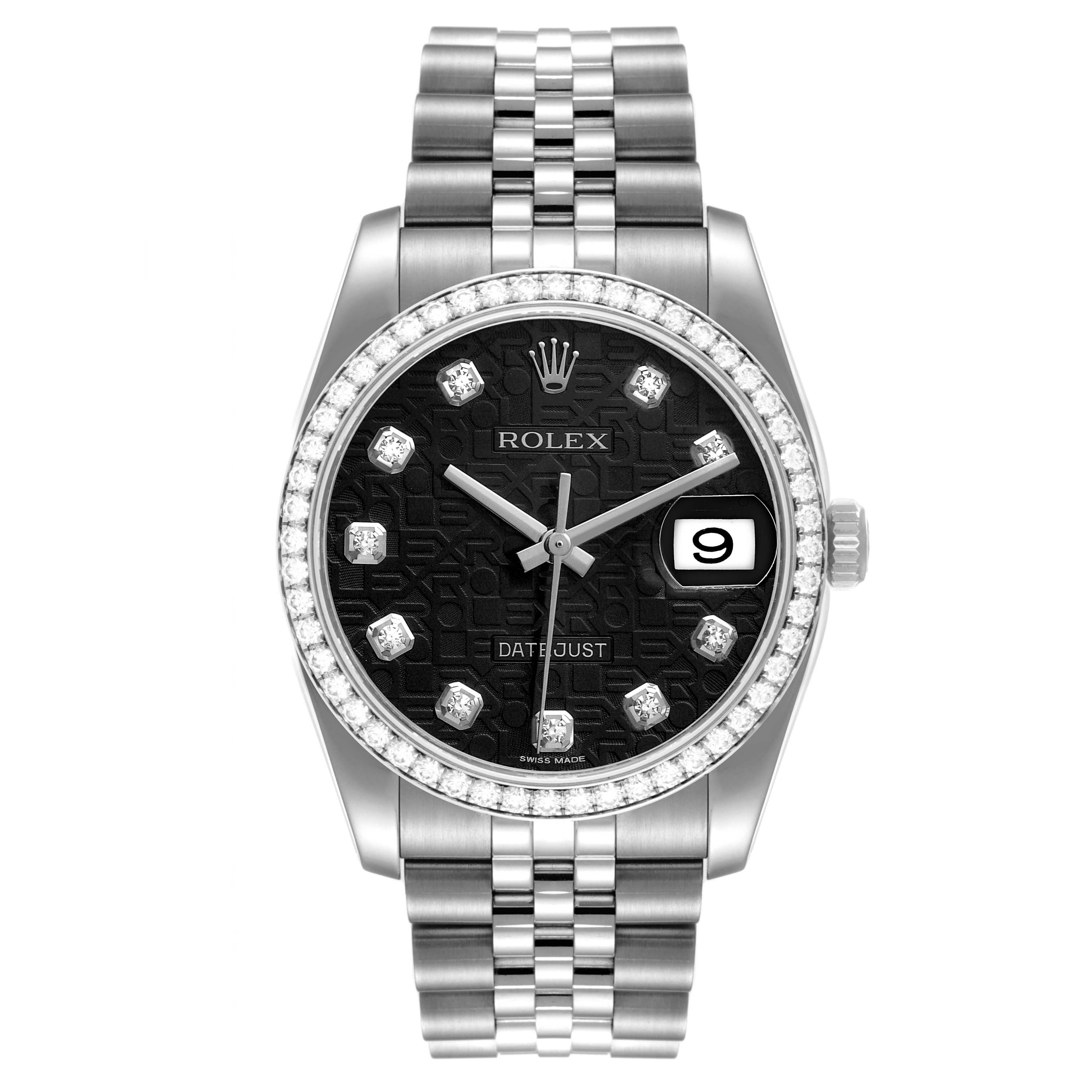 This image shows a front view of a Rolex Datejust 116244 Men
s Stainless Steel Black Dial 116244 Men
s Stainless Steel Black Dial watch, highlighting its dial, bezel, and bracelet.