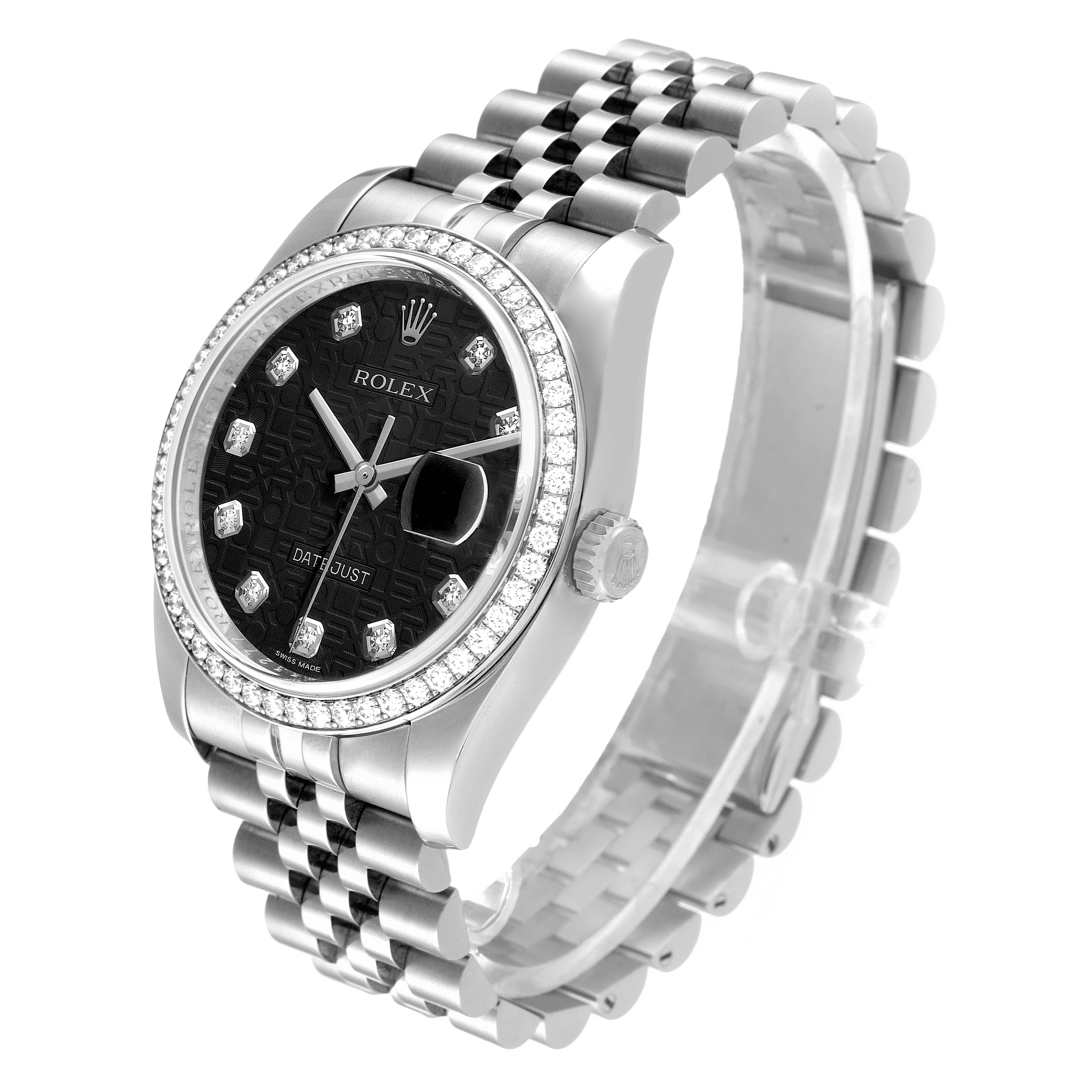 The Rolex Datejust 116244 Men
s Stainless Steel Black Dial 116244 Men
s Stainless Steel Black Dial watch is shown at a 3/4 angle, displaying its face, bezel, and bracelet.