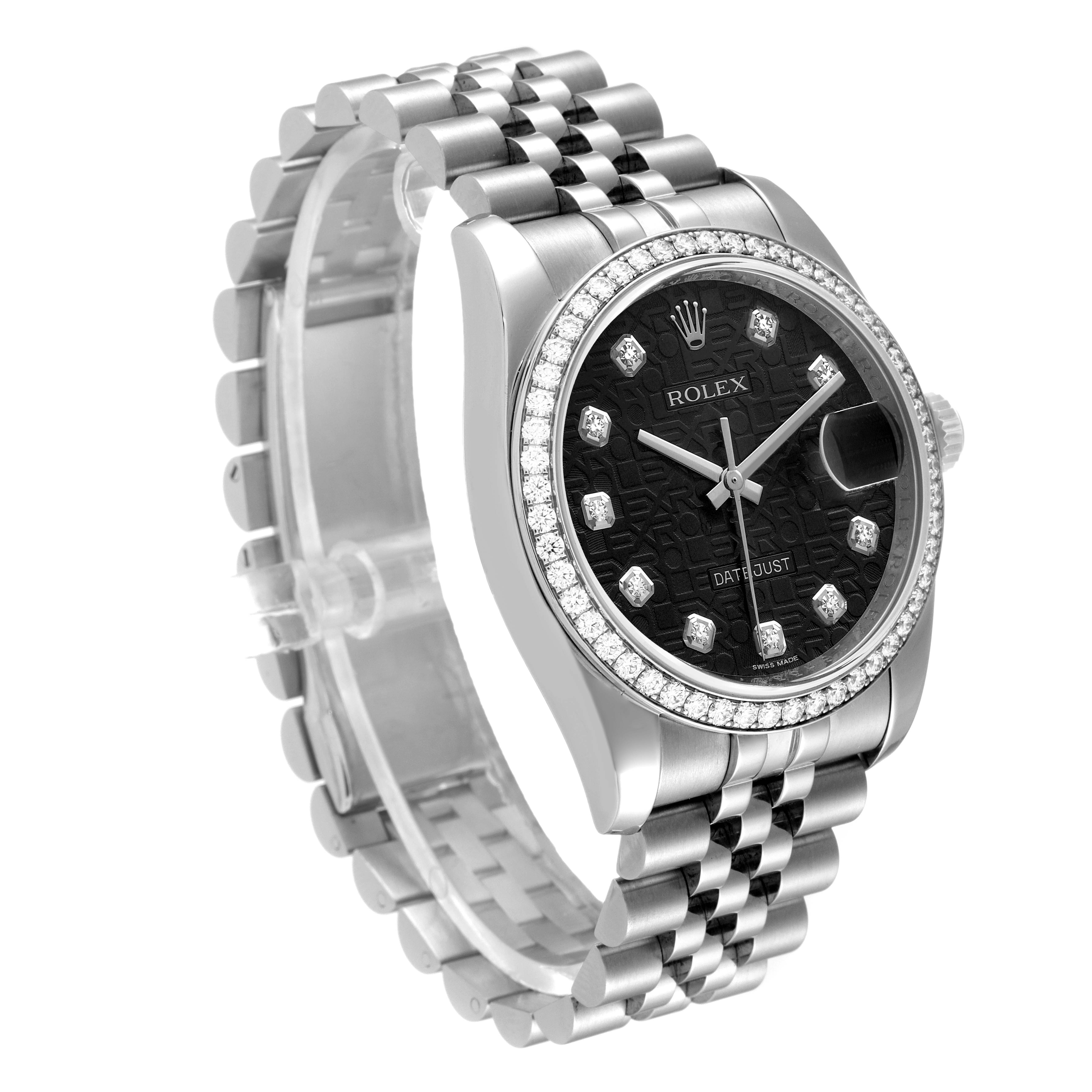 The Rolex Datejust 116244 Men
s Stainless Steel Black Dial 116244 Men
s Stainless Steel Black Dial watch is shown at an angle, displaying its dial, bezel, casing, and bracelet.