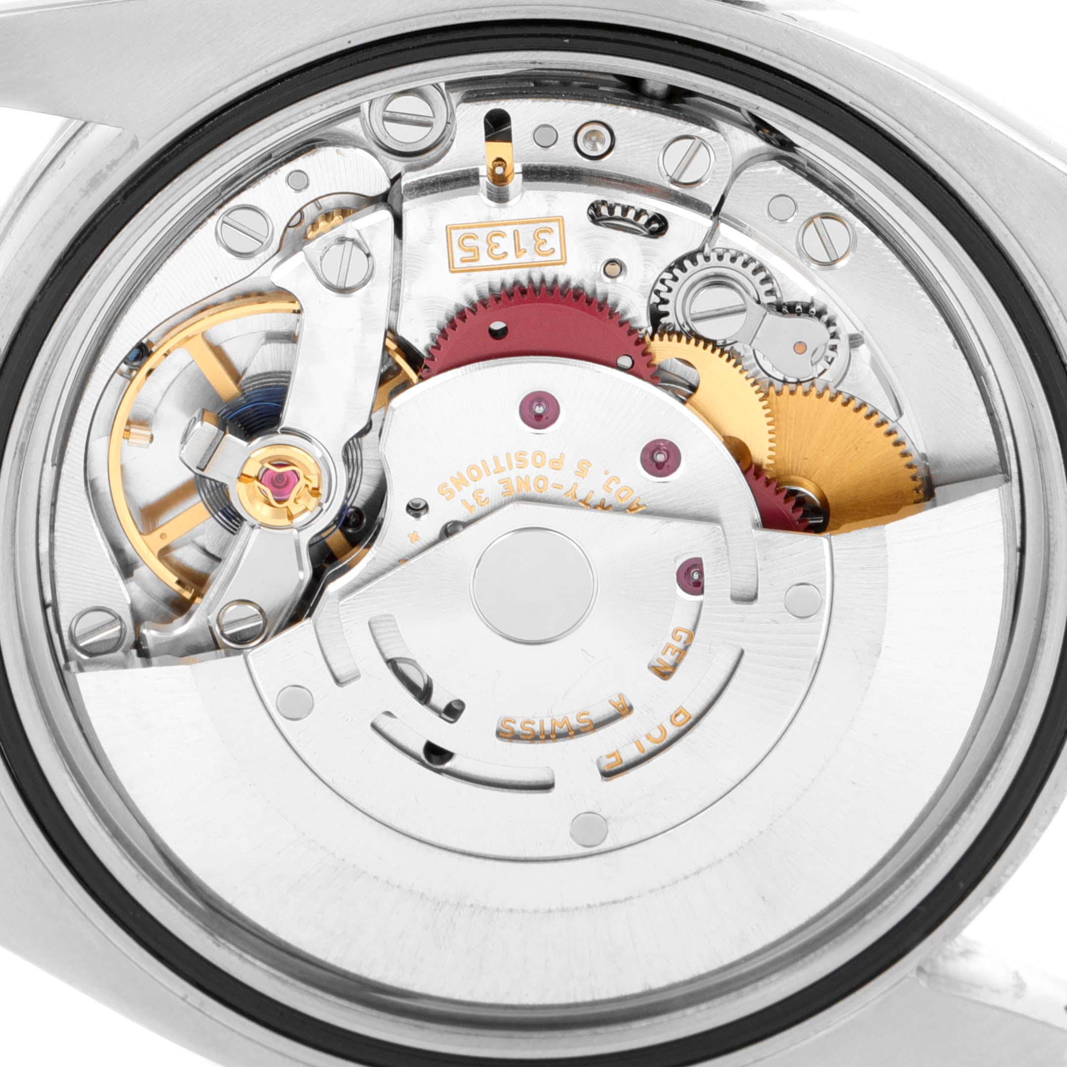 The image shows the exposed movement and inner mechanical parts of a Rolex Datejust 116244 Men
s Stainless Steel Black Dial 116244 Men
s Stainless Steel Black Dial watch from the back.