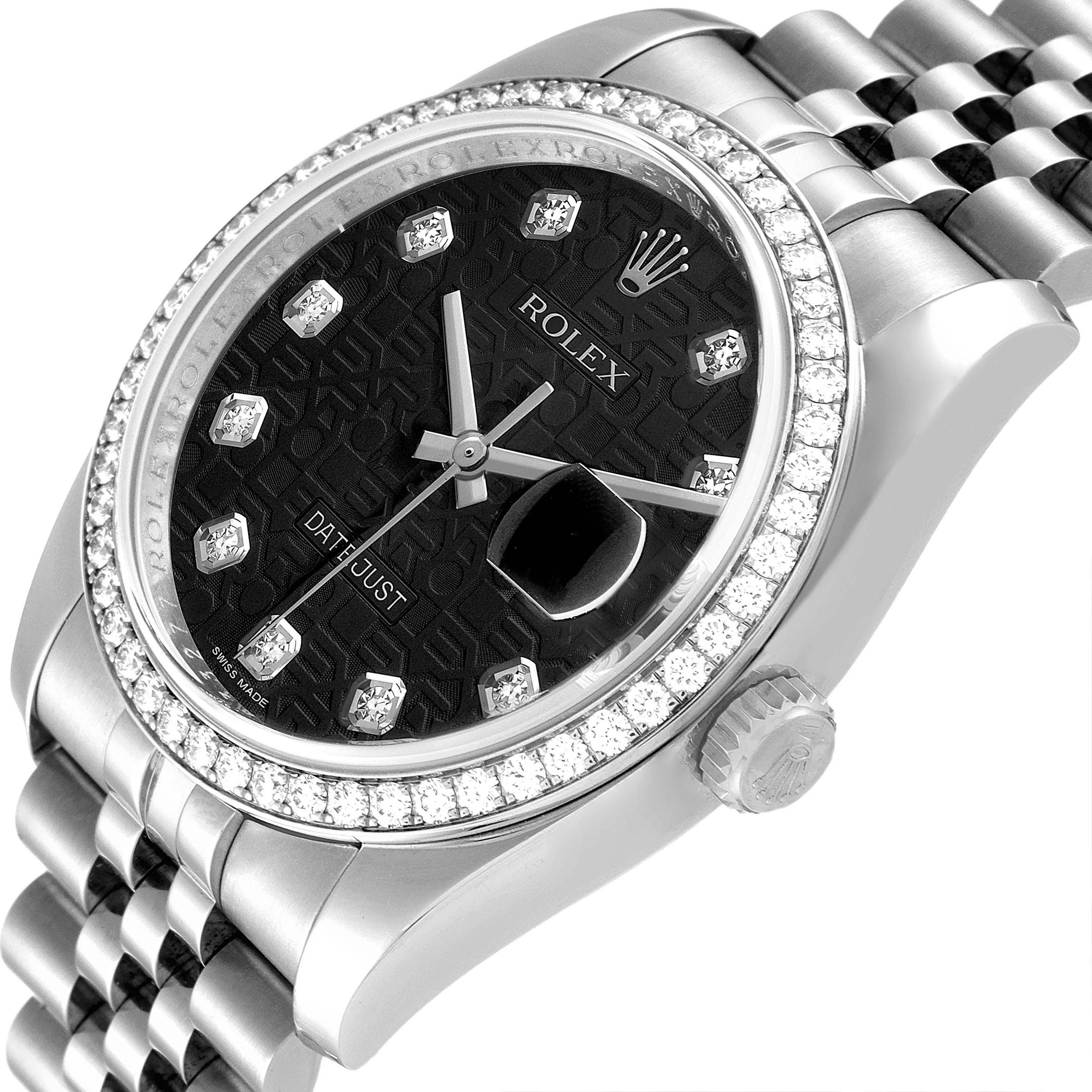 This Rolex Datejust 116244 Men
s Stainless Steel Black Dial 116244 Men
s Stainless Steel Black Dial watch is shown at an angle highlighting the face, bezel, crown, and part of the bracelet.