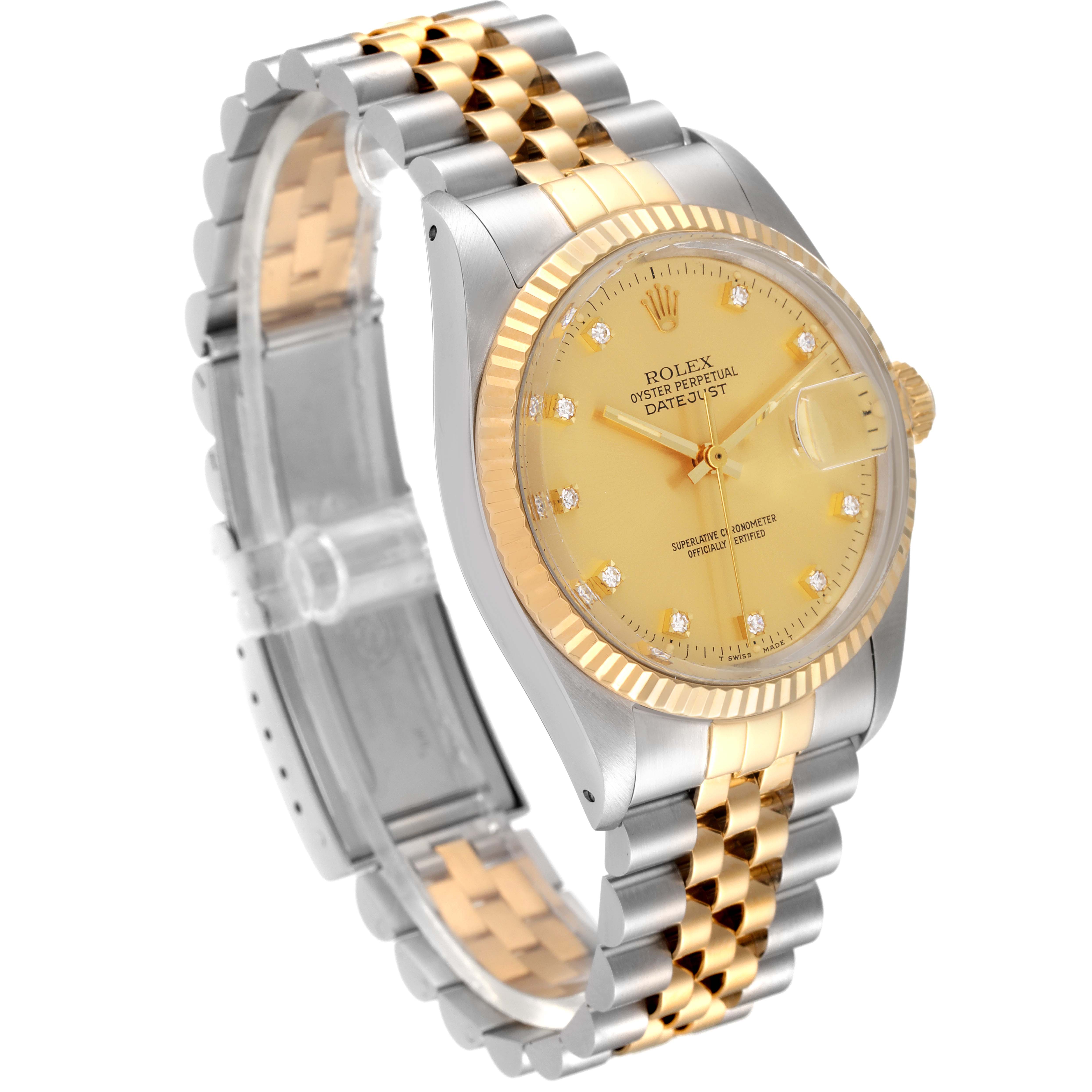 This Rolex Vintage Collection 16013 Men's Steel and Gold (two tone) Champagne Dial 16013 Men's Steel and Gold (two tone) Champagne Dial model watch is shown at an angle highlighting the gold and silver bracelet, bezel, and dial.
