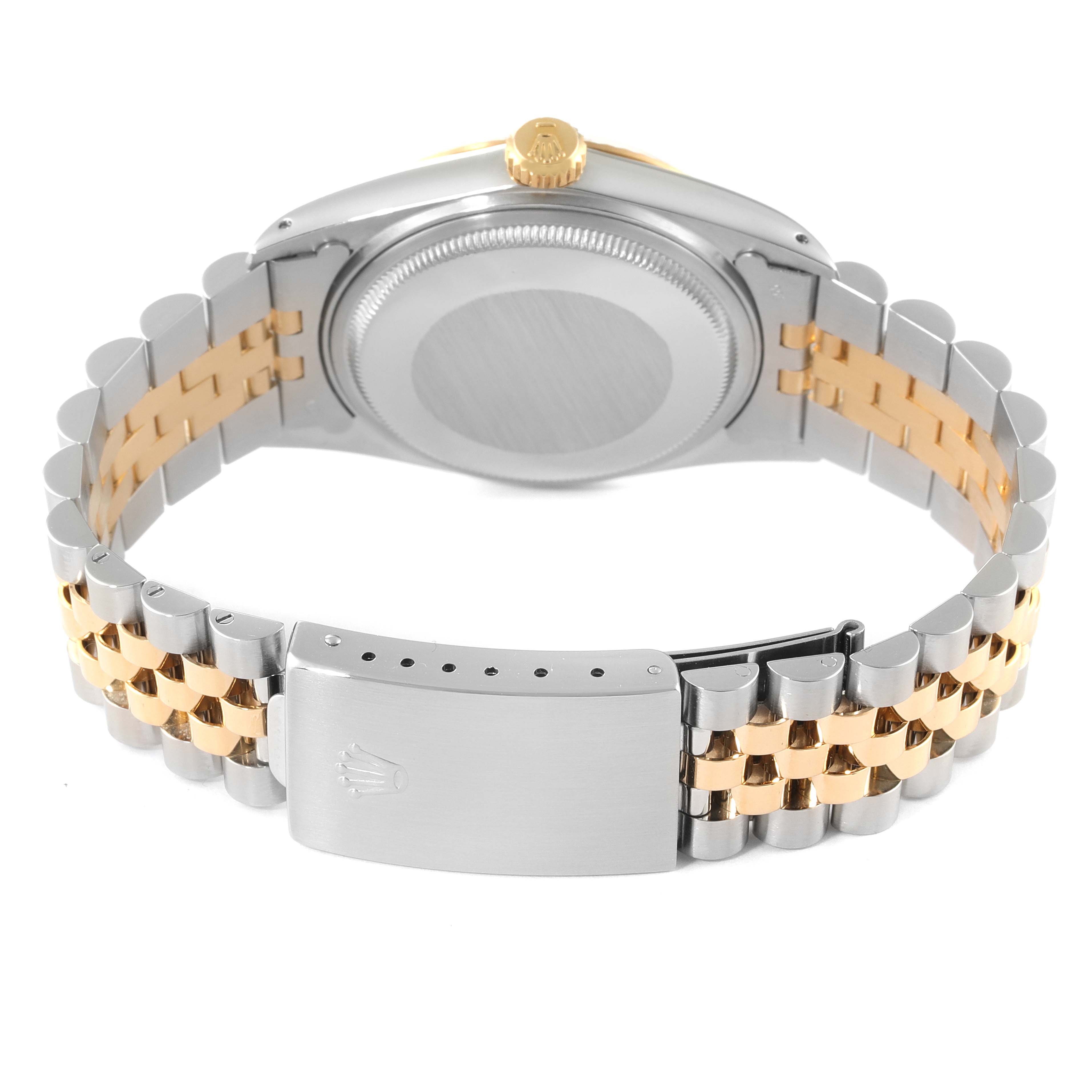 This image shows the back view and clasp of a Rolex Vintage Collection 16013 Men's Steel and Gold (two tone) Champagne Dial 16013 Men's Steel and Gold (two tone) Champagne Dial watch, highlighting a two-tone metal bracelet.