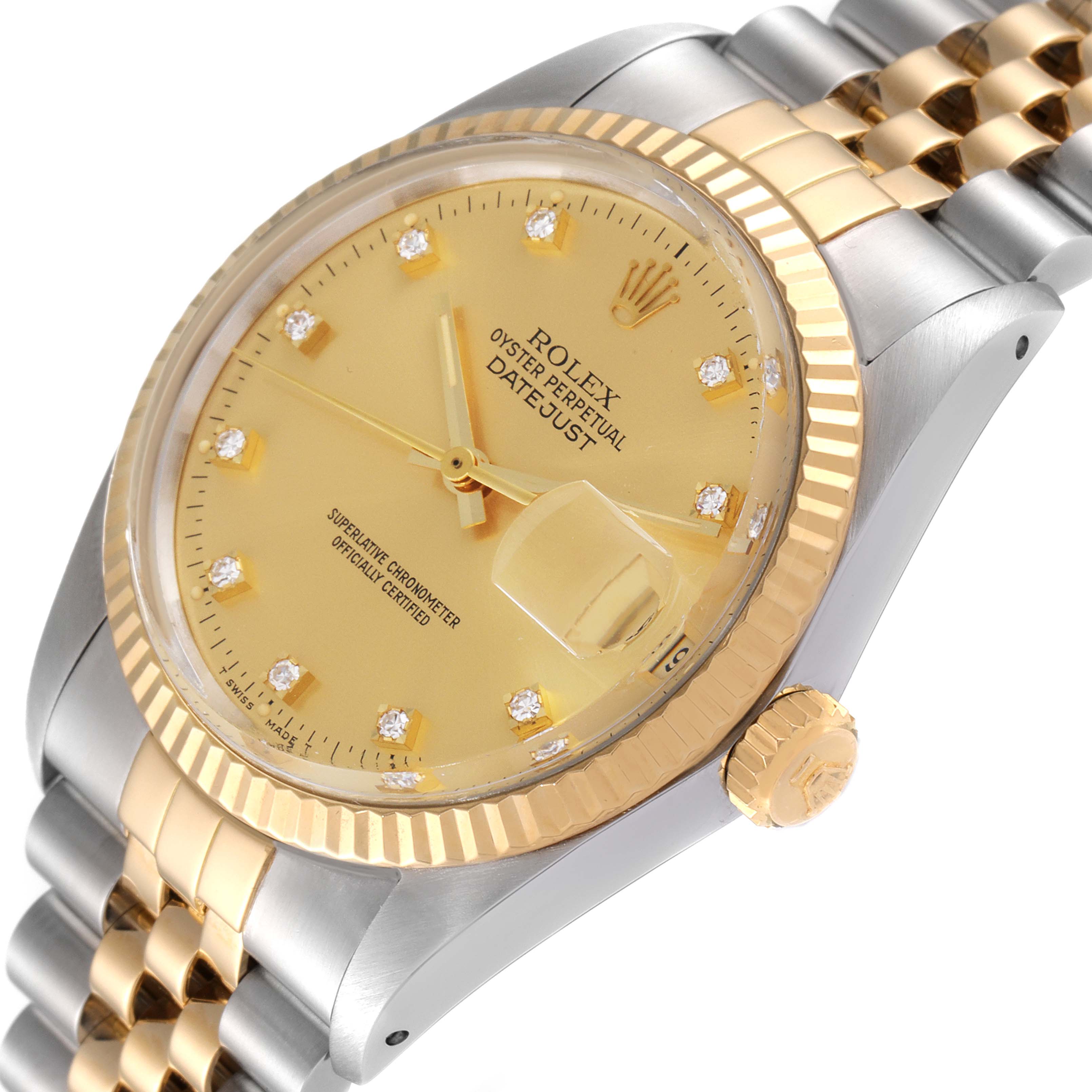 This image shows a close-up of a Rolex Vintage Collection 16013 Men's Steel and Gold (two tone) Champagne Dial 16013 Men's Steel and Gold (two tone) Champagne Dial Datejust watch, highlighting its gold dial, bezel, and two-tone bracelet.