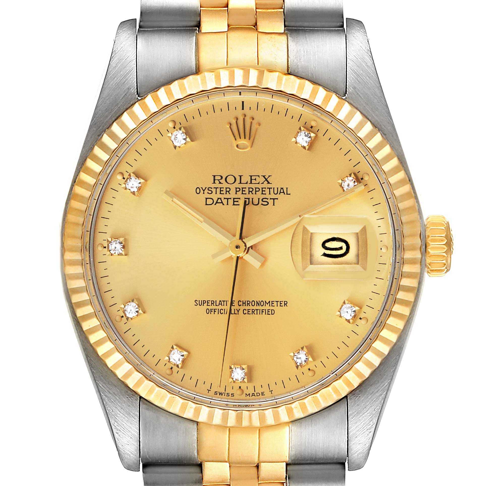 The image shows a front view of the Rolex Vintage Collection 16013 Men's Steel and Gold (two tone) Champagne Dial 16013 Men's Steel and Gold (two tone) Champagne Dial Datejust watch, highlighting the dial, bezel, hands, and part of the bracelet.