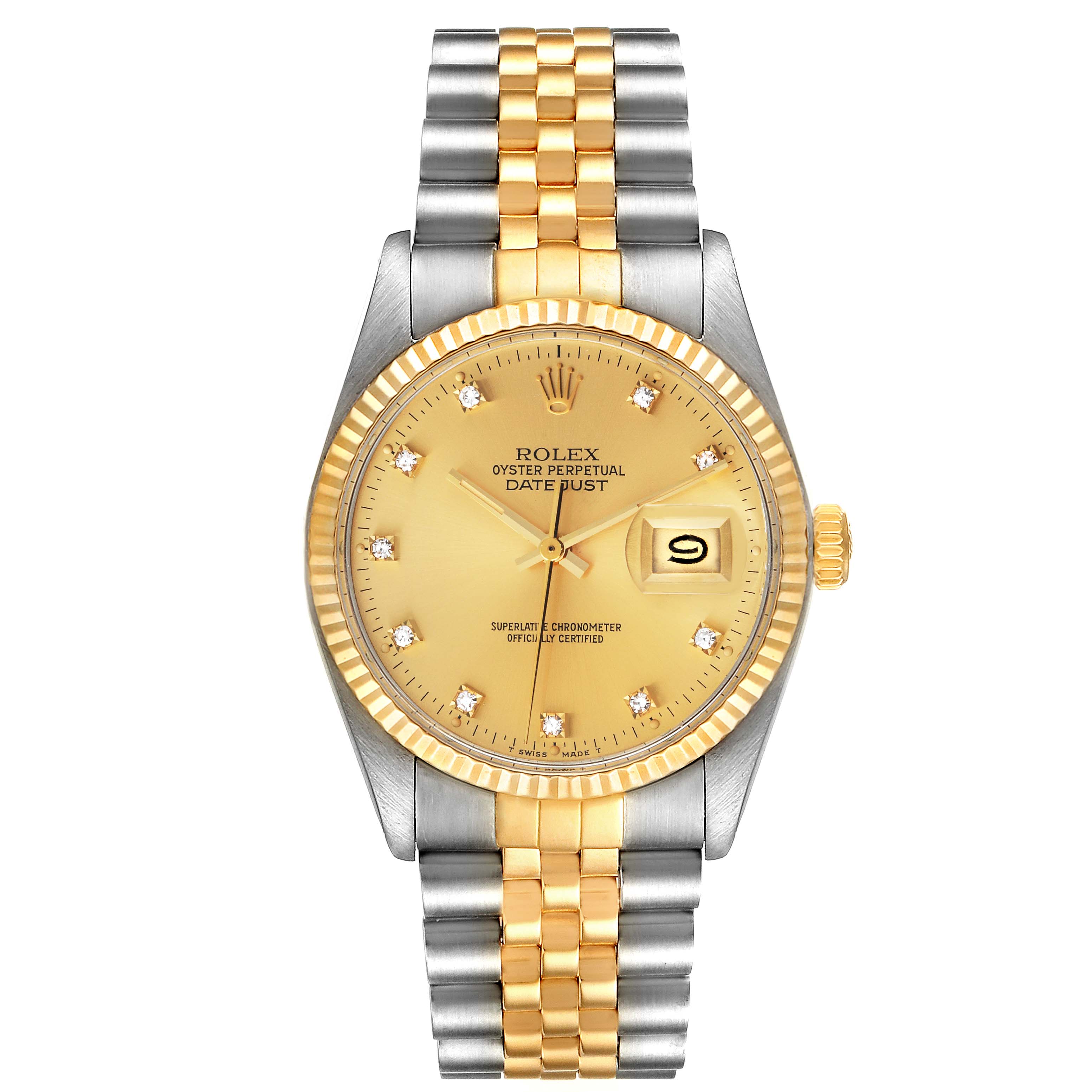 The image shows a front view of the Rolex Vintage Collection 16013 Men's Steel and Gold (two tone) Champagne Dial 16013 Men's Steel and Gold (two tone) Champagne Dial Oyster Perpetual Datejust, highlighting the dial, bezel, and two-tone bracelet.
