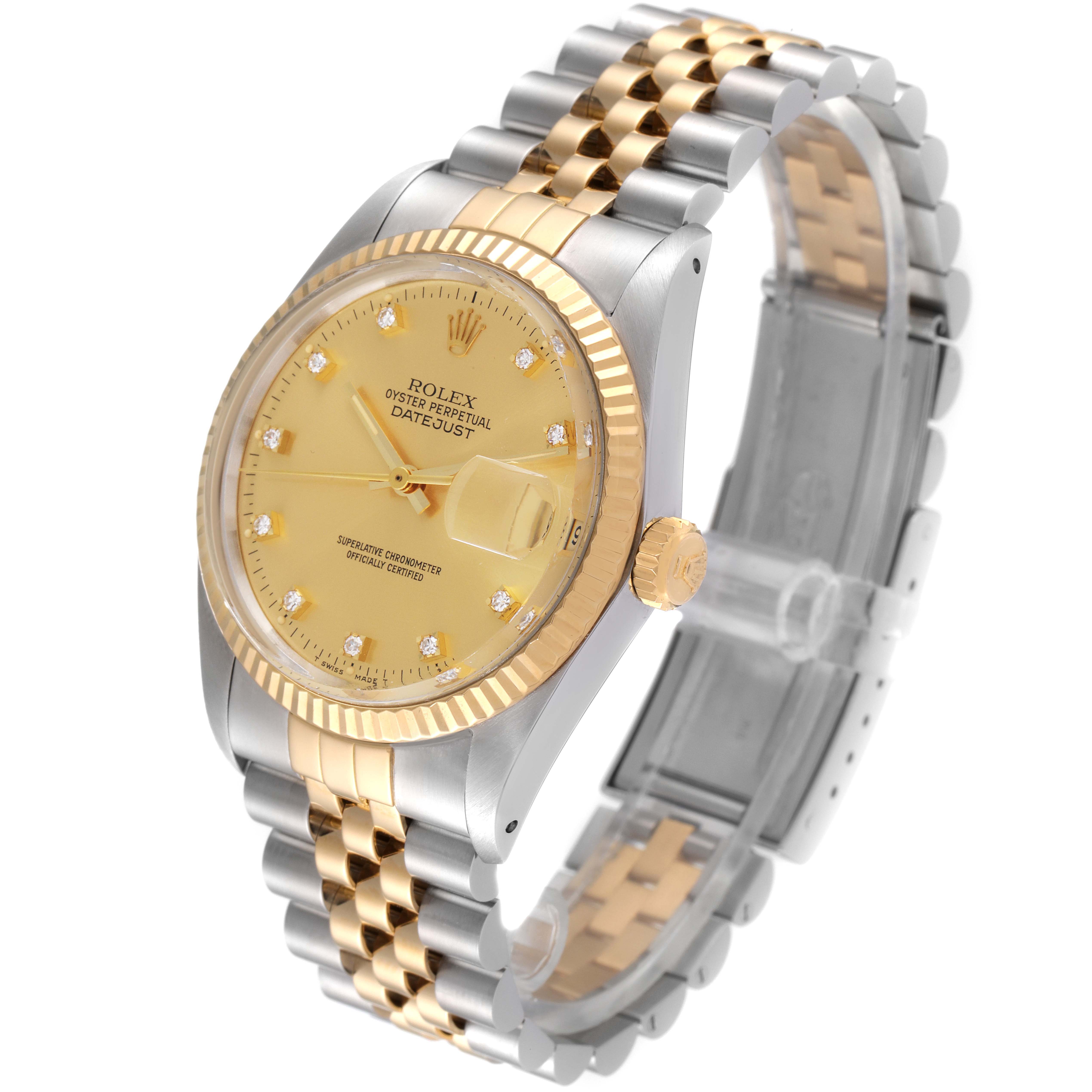 The Rolex Vintage Collection 16013 Men's Steel and Gold (two tone) Champagne Dial 16013 Men's Steel and Gold (two tone) Champagne Dial model watch is shown at a three-quarter angle, highlighting the dial, bezel, and bracelet.
