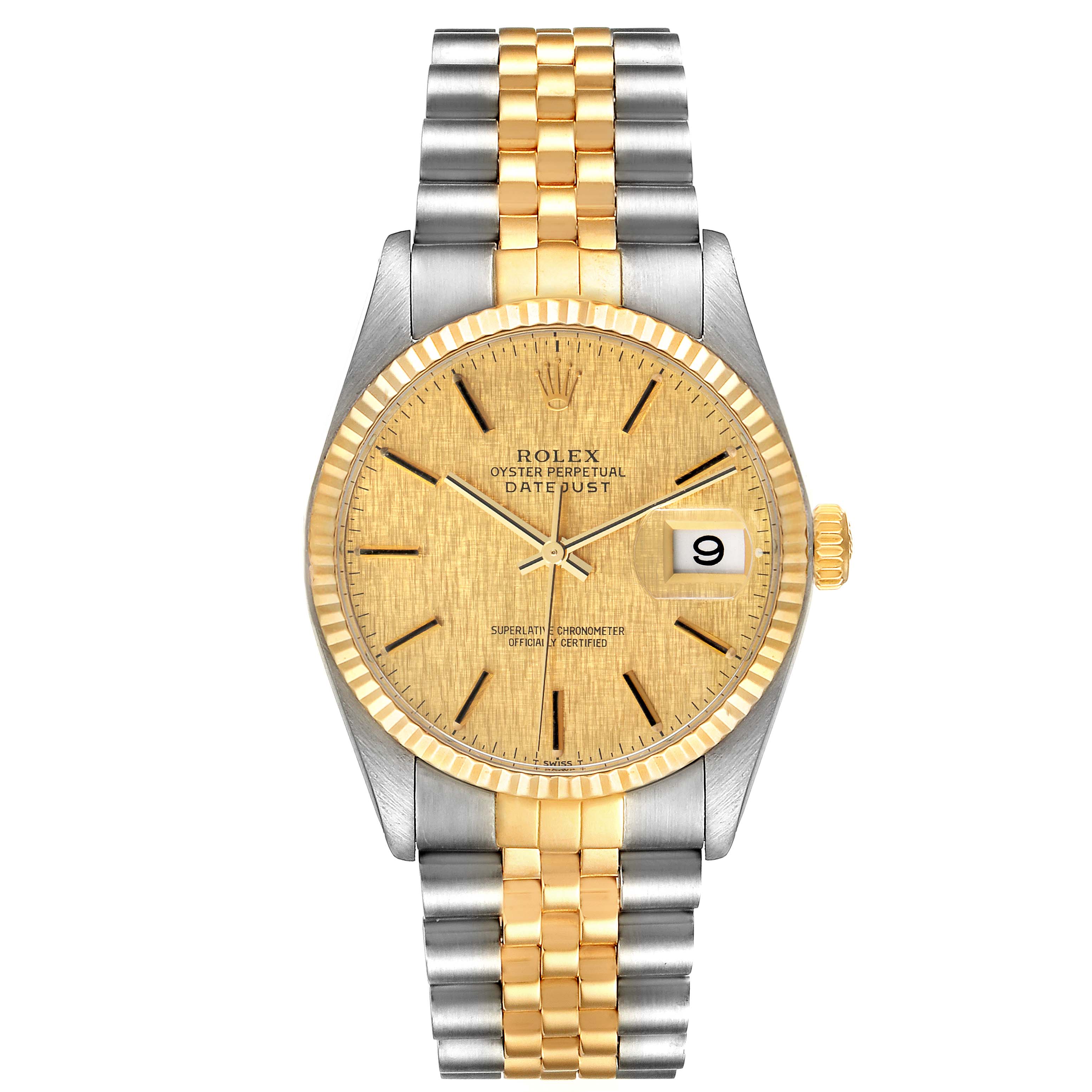 This is a front view of the Rolex Vintage Collection 16013 Men's Steel and Gold (two tone) Champagne Dial 16013 Men's Steel and Gold (two tone) Champagne Dial model watch, showcasing the face, bezel, and two-tone bracelet.