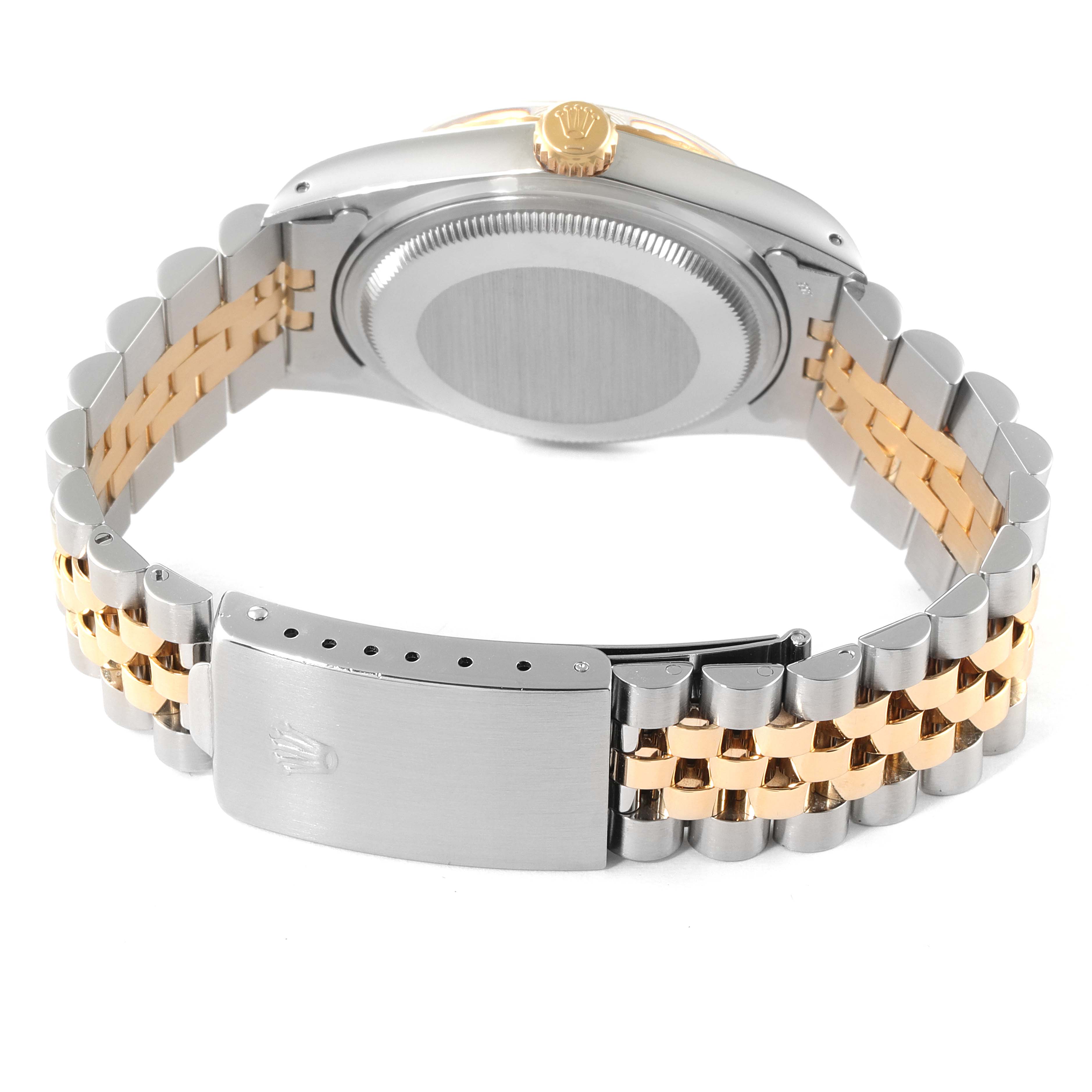 The image shows the back side of the Rolex Vintage Collection 16013 Men's Steel and Gold (two tone) Champagne Dial 16013 Men's Steel and Gold (two tone) Champagne Dial watch, showcasing the bracelet, clasp, and case back.