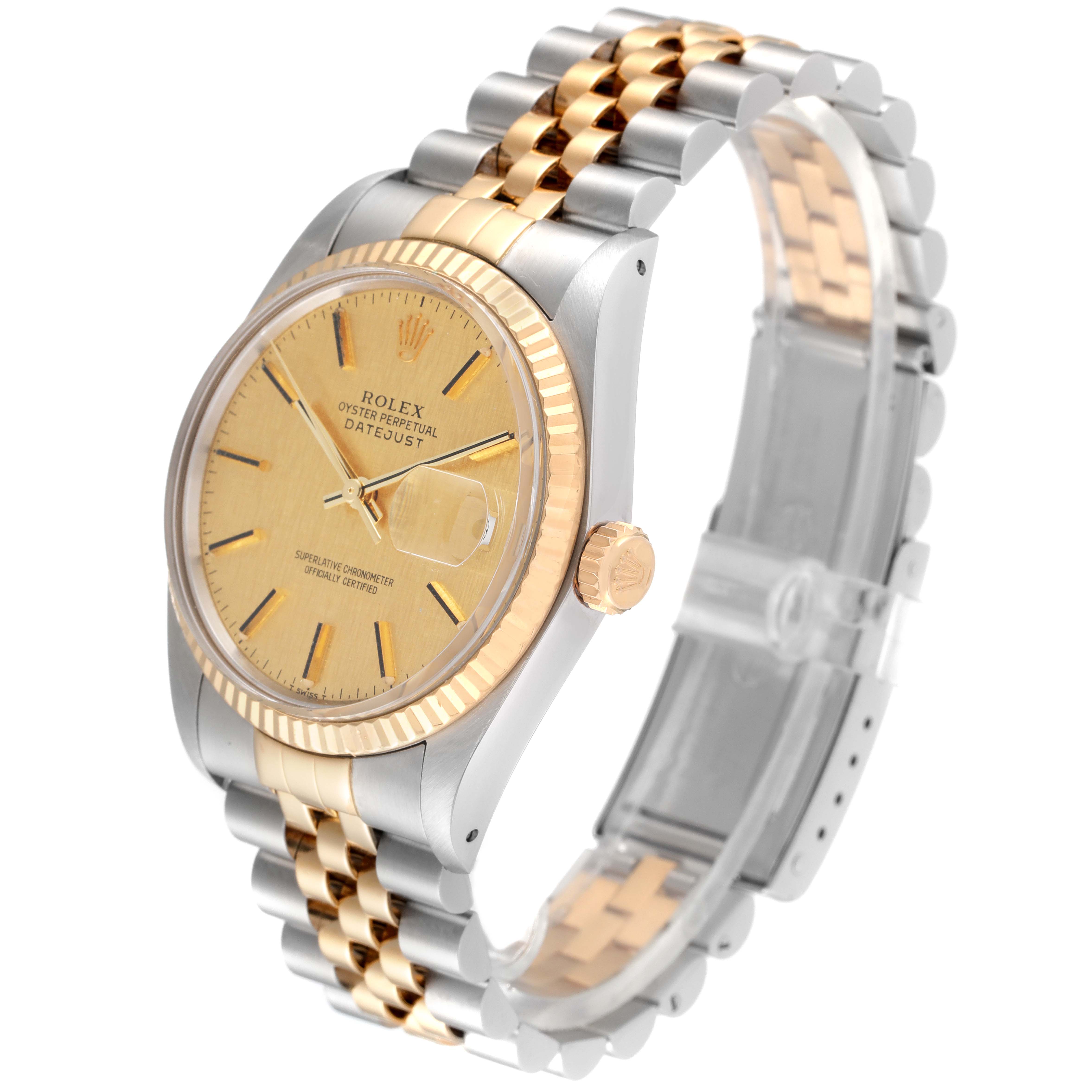 The Rolex Vintage Collection 16013 Men's Steel and Gold (two tone) Champagne Dial 16013 Men's Steel and Gold (two tone) Champagne Dial model watch is shown at a three-quarter angle, highlighting its gold face, two-tone bracelet, and crown.