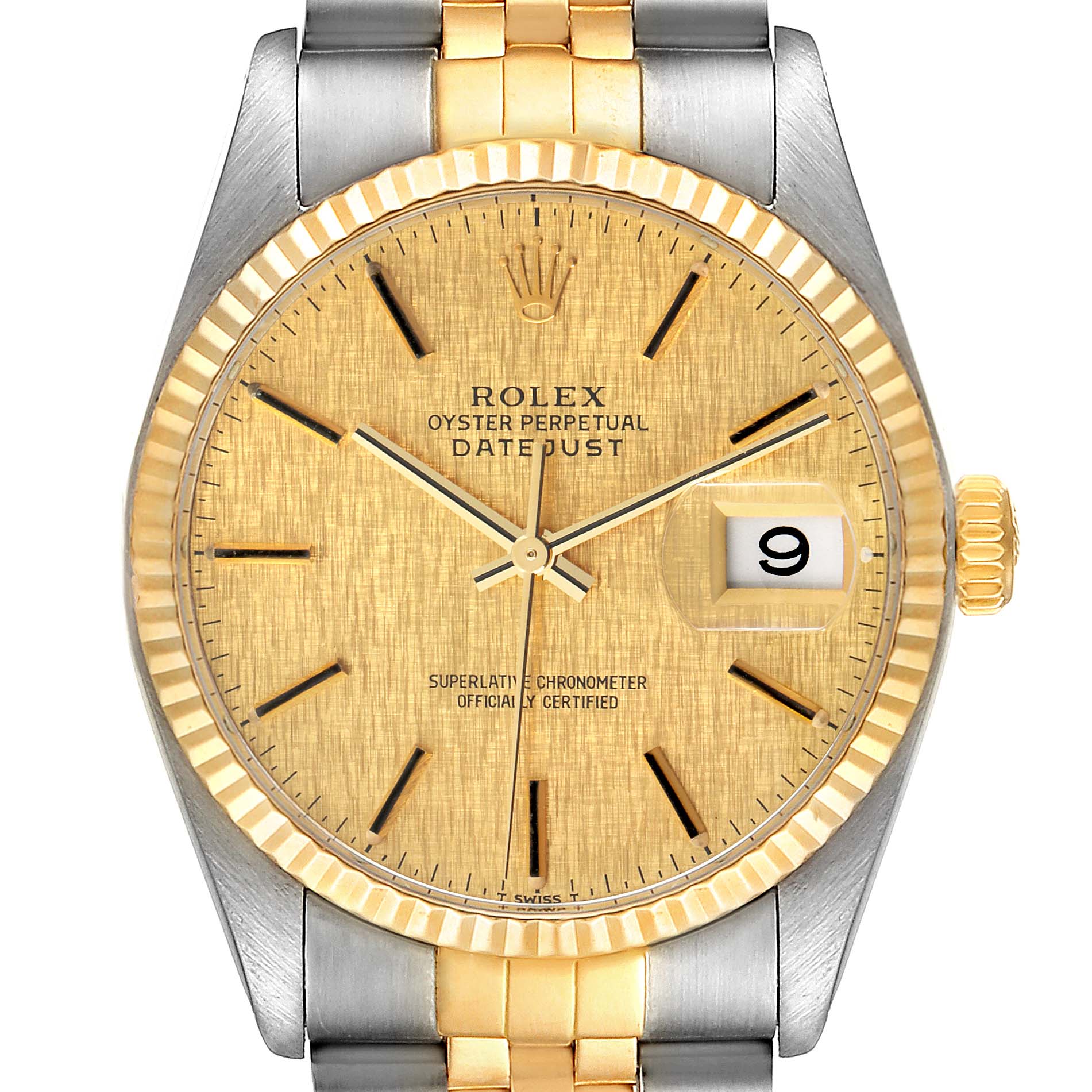 This image shows a front view of the Rolex Oyster Perpetual Datejust Vintage Collection watch, highlighting its face, dial, and band.