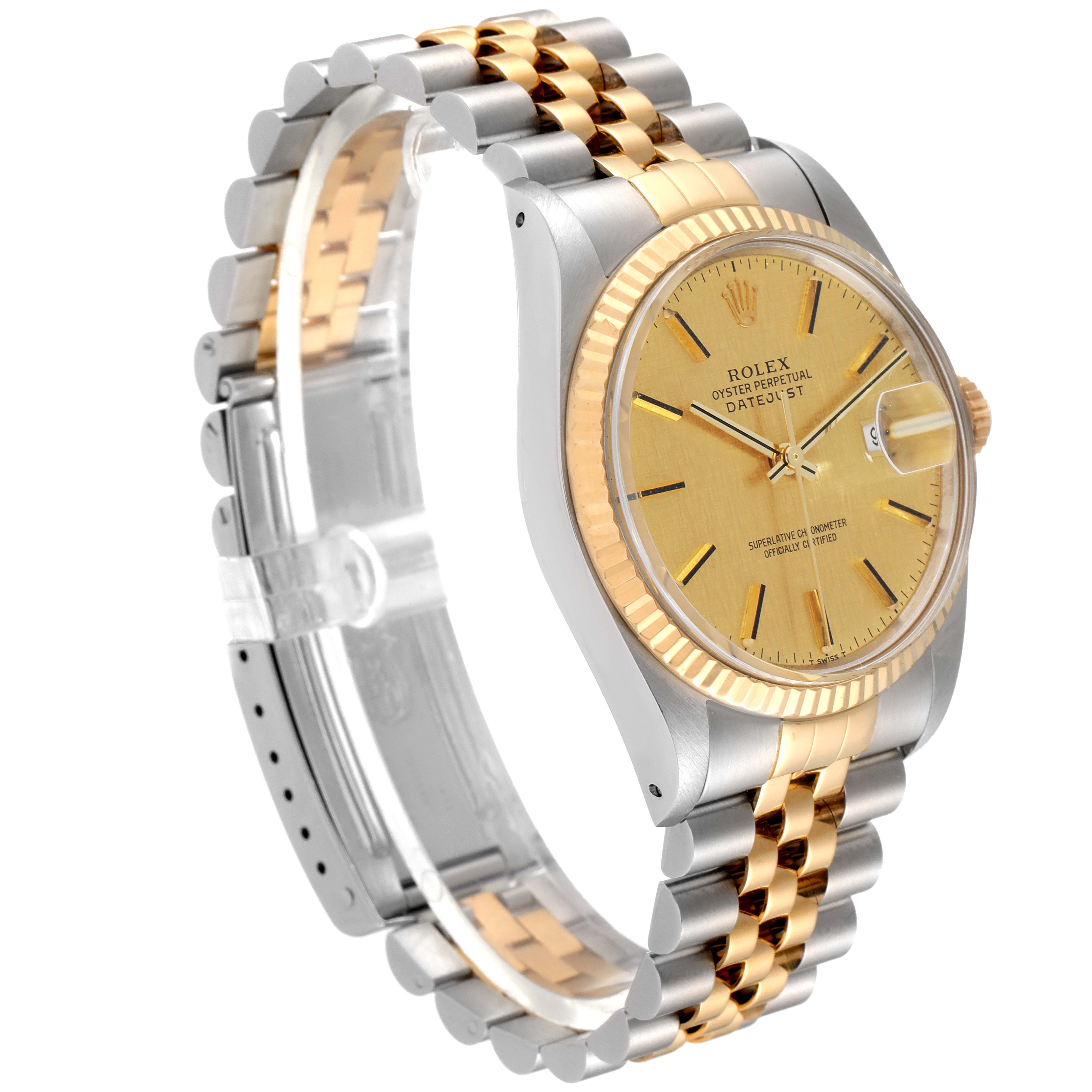 The image shows a side angle of the Rolex Vintage Collection 16013 Men's Steel and Gold (two tone) Champagne Dial 16013 Men's Steel and Gold (two tone) Champagne Dial watch, highlighting the yellow dial, gold bezel, and two-tone bracelet.