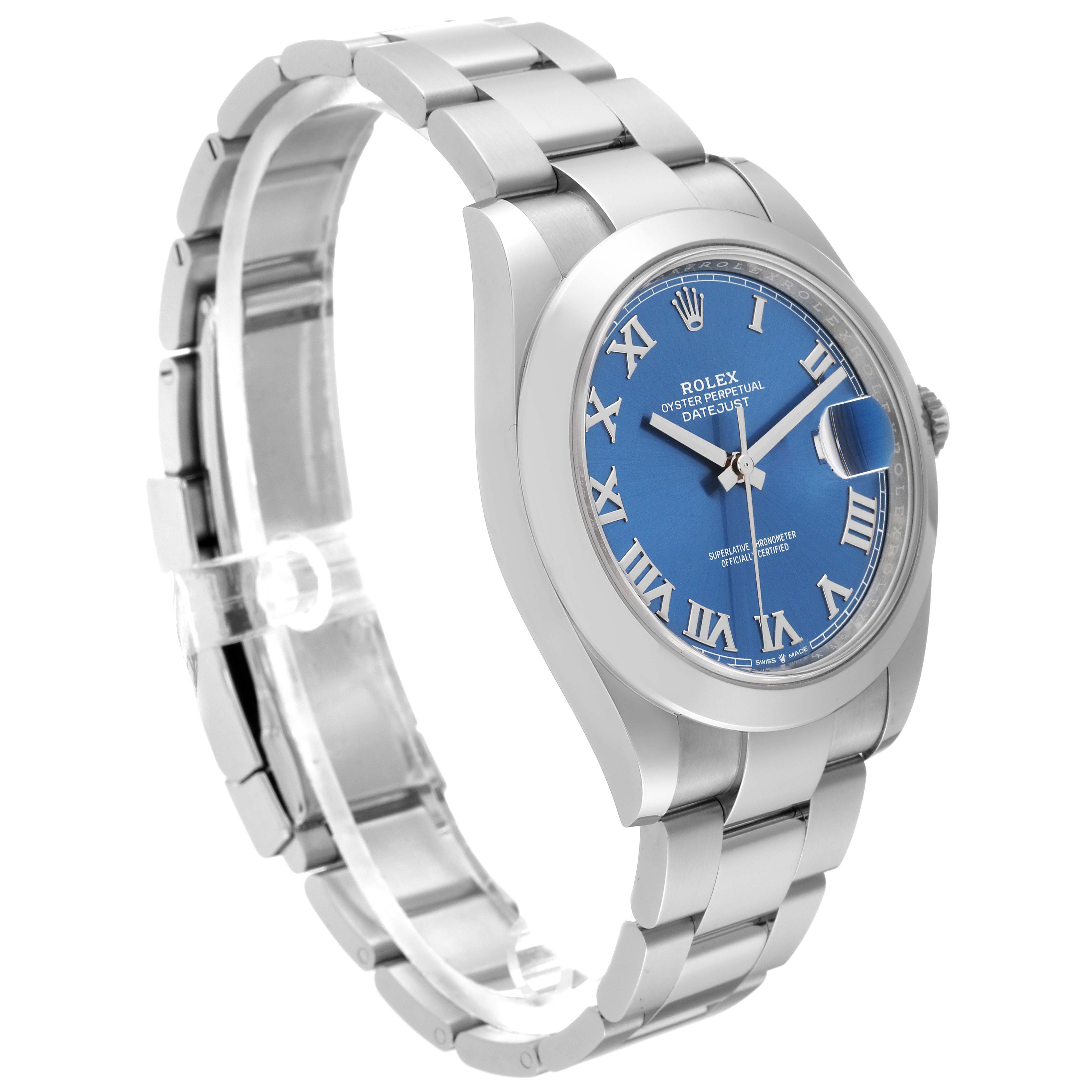 The image shows a Rolex Datejust 41 126300 Men
s Stainless Steel Blue Dial 126300 Men
s Stainless Steel Blue Dial watch at a three-quarter angled view, highlighting the dial, bezel, and bracelet.
