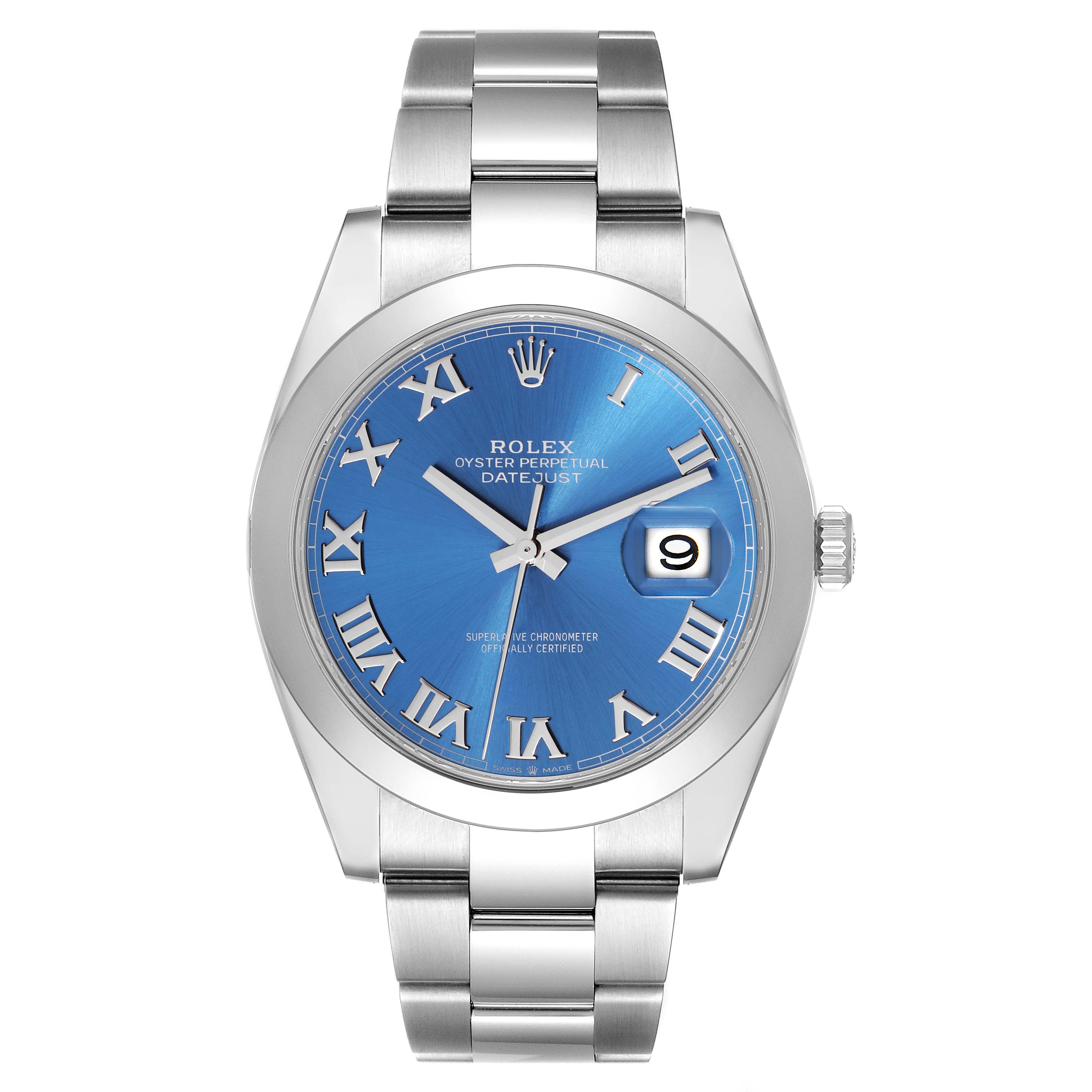 The image shows a front view of the Rolex Datejust 41 126300 Men
s Stainless Steel Blue Dial 126300 Men
s Stainless Steel Blue Dial watch, highlighting its blue dial with Roman numerals and date window.