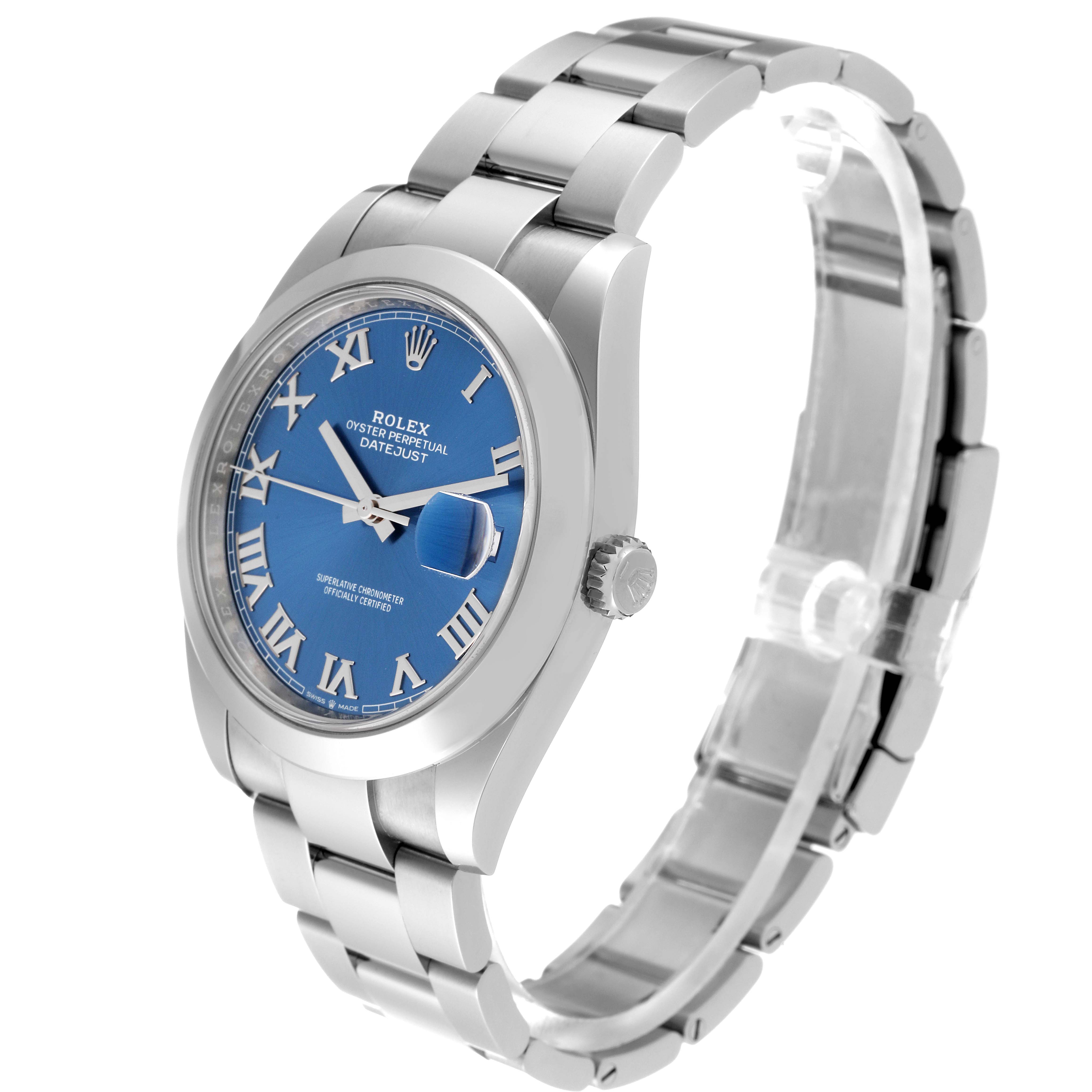 The image shows a Rolex Datejust 41 126300 Men
s Stainless Steel Blue Dial 126300 Men
s Stainless Steel Blue Dial watch from a three-quarter angle, highlighting the blue dial, case, and bracelet.