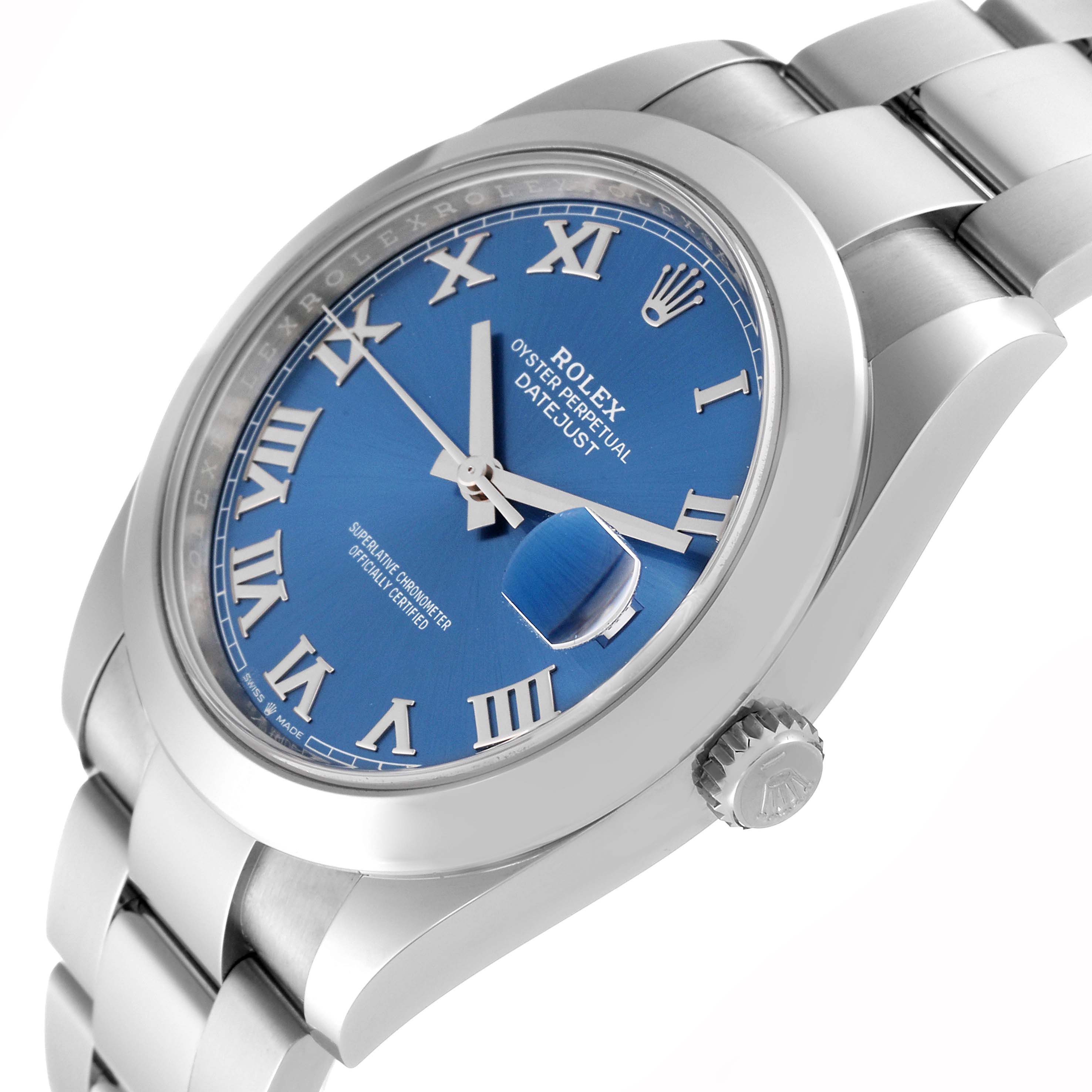 The Rolex Datejust 41 126300 Men
s Stainless Steel Blue Dial 126300 Men
s Stainless Steel Blue Dial watch is shown at an angled view highlighting its blue dial, Roman numerals, and part of the bracelet.