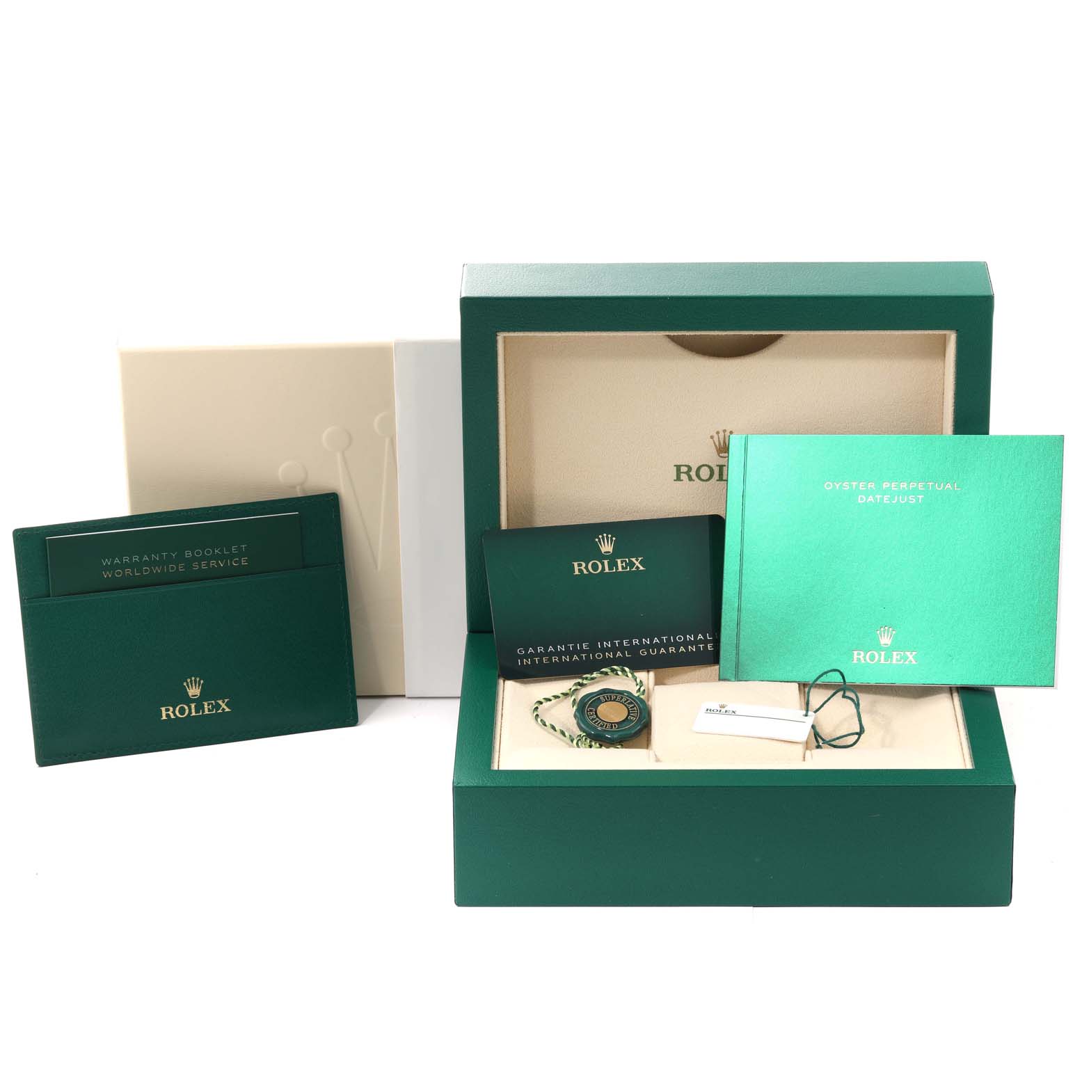 The image shows the packaging and accessories for the Rolex Datejust 41 126300 Men
s Stainless Steel Blue Dial 126300 Men
s Stainless Steel Blue Dial model, including the box, warranty booklet, and guarantee card.