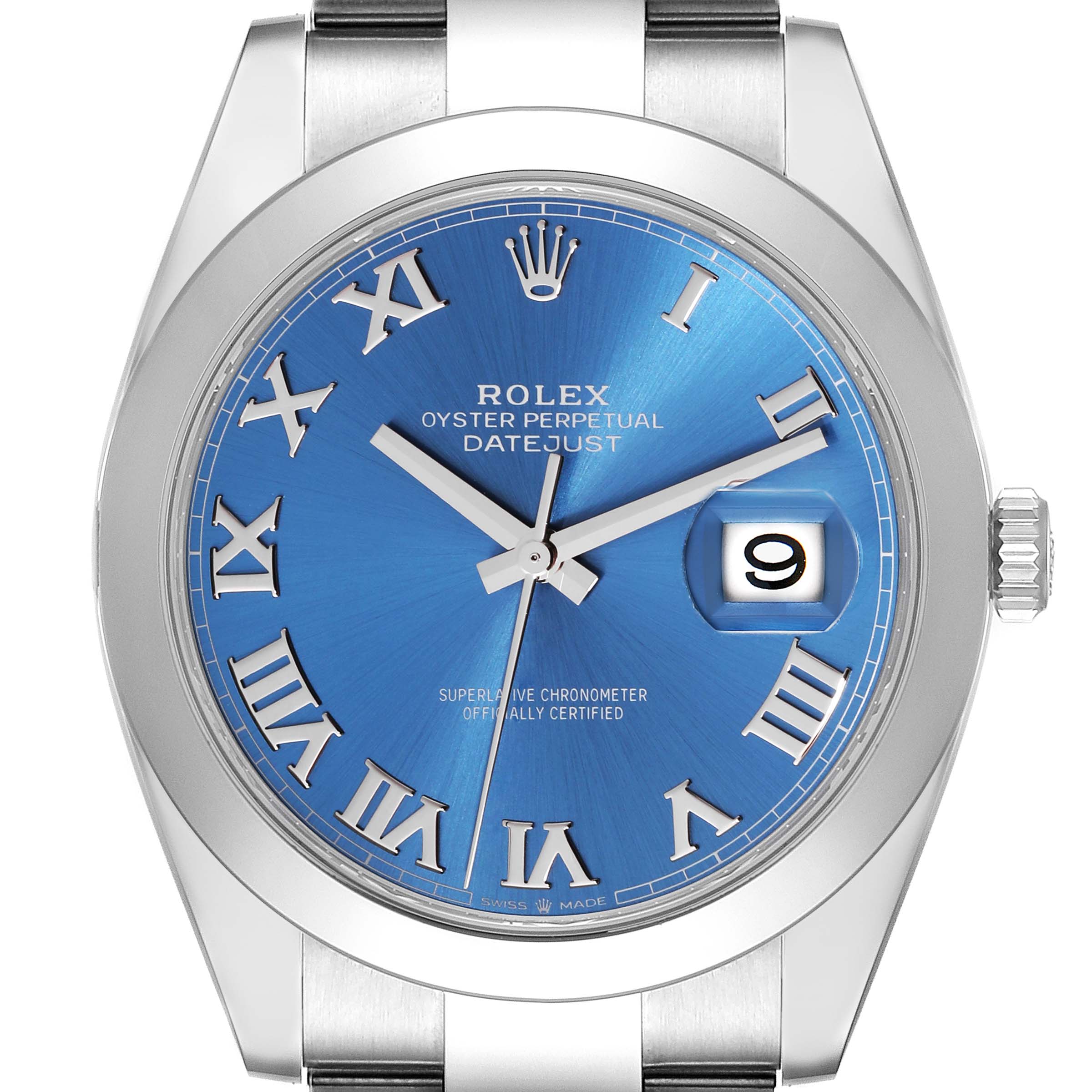The image shows a frontal view of a Rolex Datejust 41 126300 Men
s Stainless Steel Blue Dial 126300 Men
s Stainless Steel Blue Dial watch, highlighting its blue dial and date display at 3 o
clock.