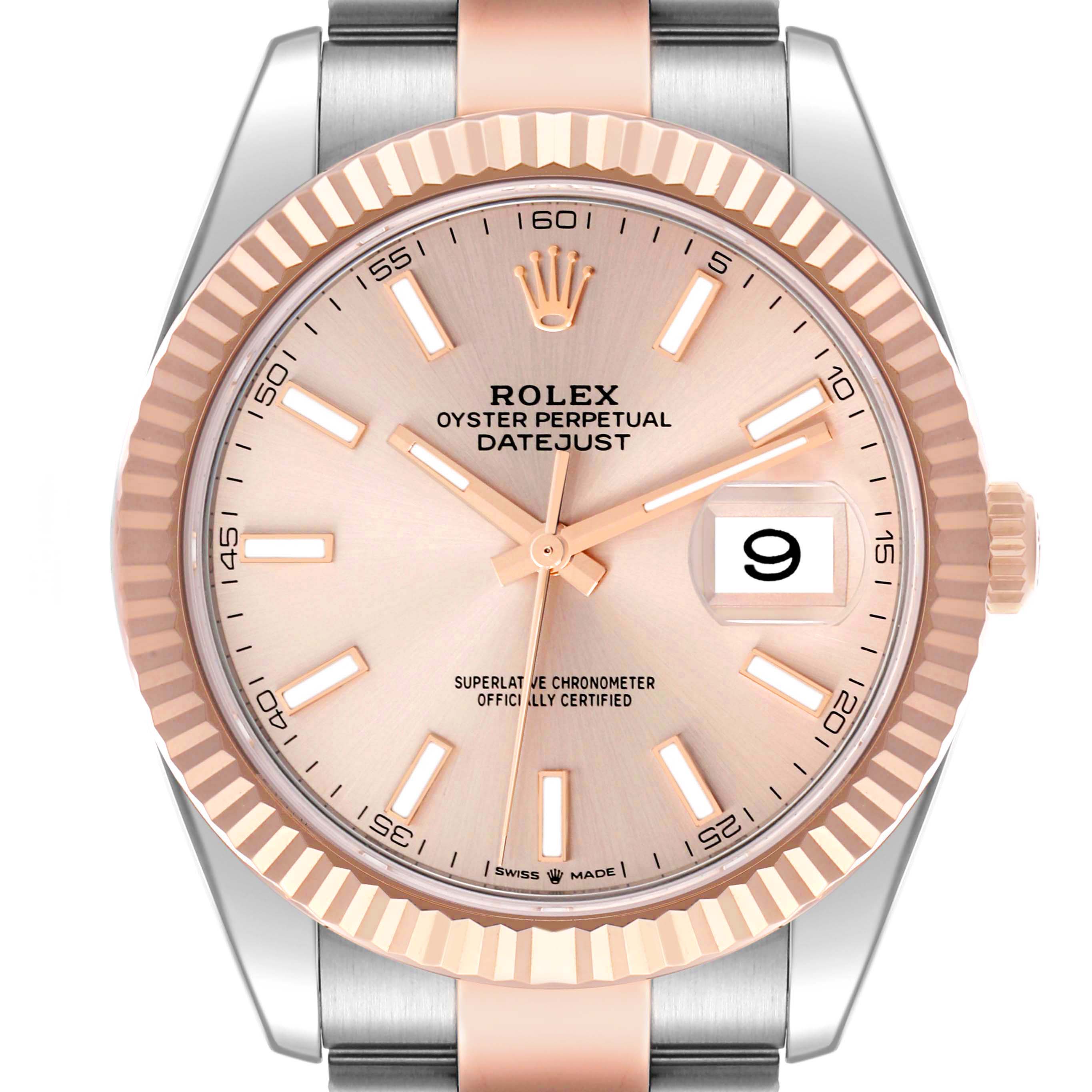 The Rolex Datejust 41 126331 Men's Steel and Gold (two tone) Pink Dial is shown from the front, highlighting its pink dial, fluted bezel, and date window at 3 o'clock.